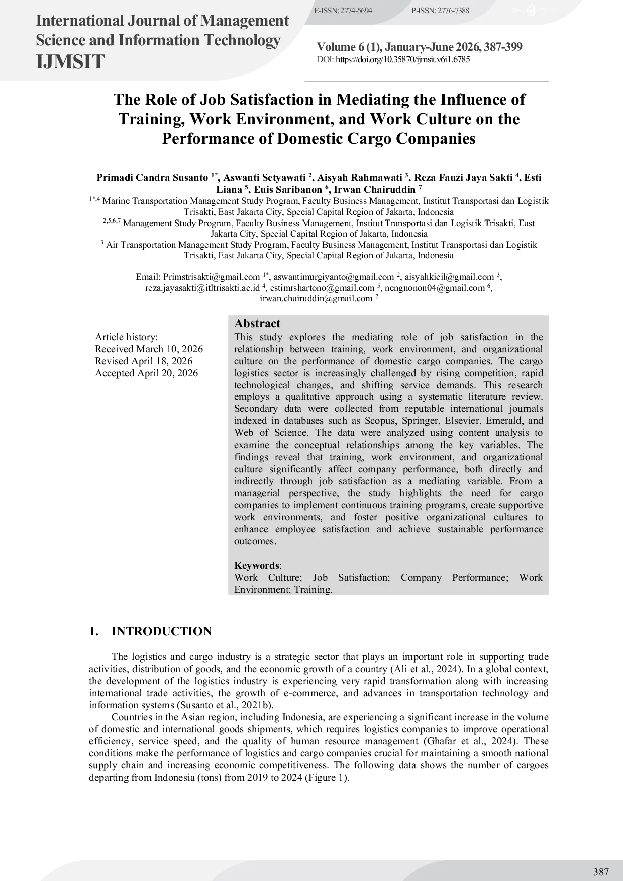 JURIS The Role of Job Satisfaction in Mediating the Influence of Training Work Environment and Work Culture on the Performance of Domestic Cargo Companies