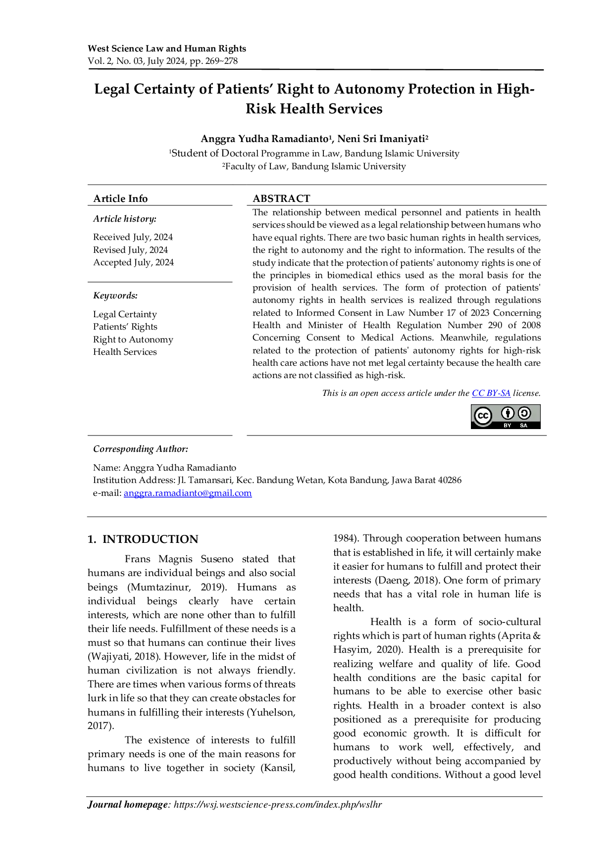 JURIS Legal Certainty of Patients Right to Autonomy Protection in High Risk Health Services