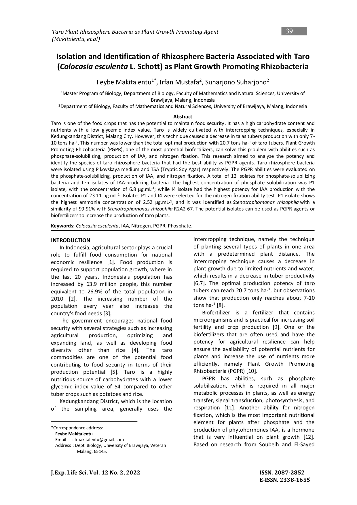 JURIS Isolation and Identification of Rhizosphere Bacteria Associated with Taro Colocasia esculenta L Schott as Plant Growth Promoting Rhizobacteria