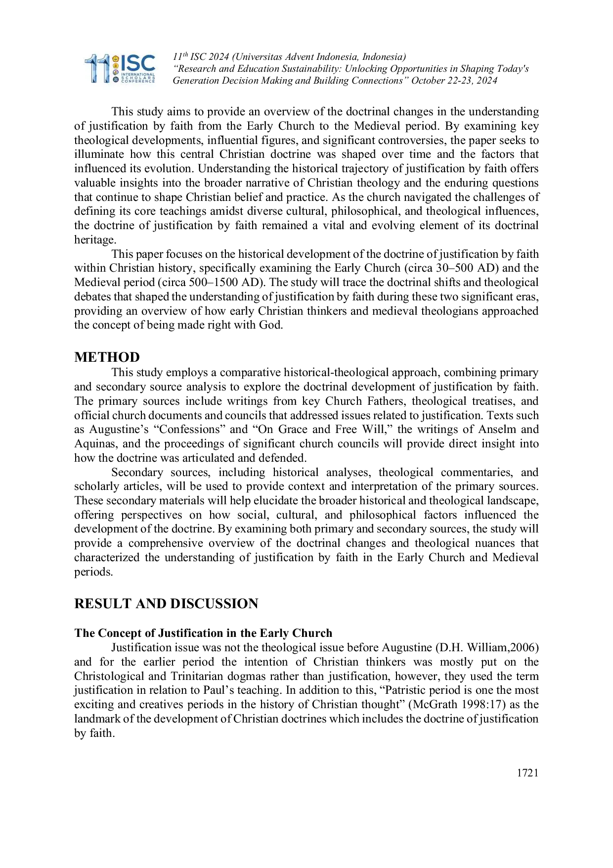 JURIS Justification by Faith in Early Church An Overview of Doctrinal Change from the Early Church to Medieval Time