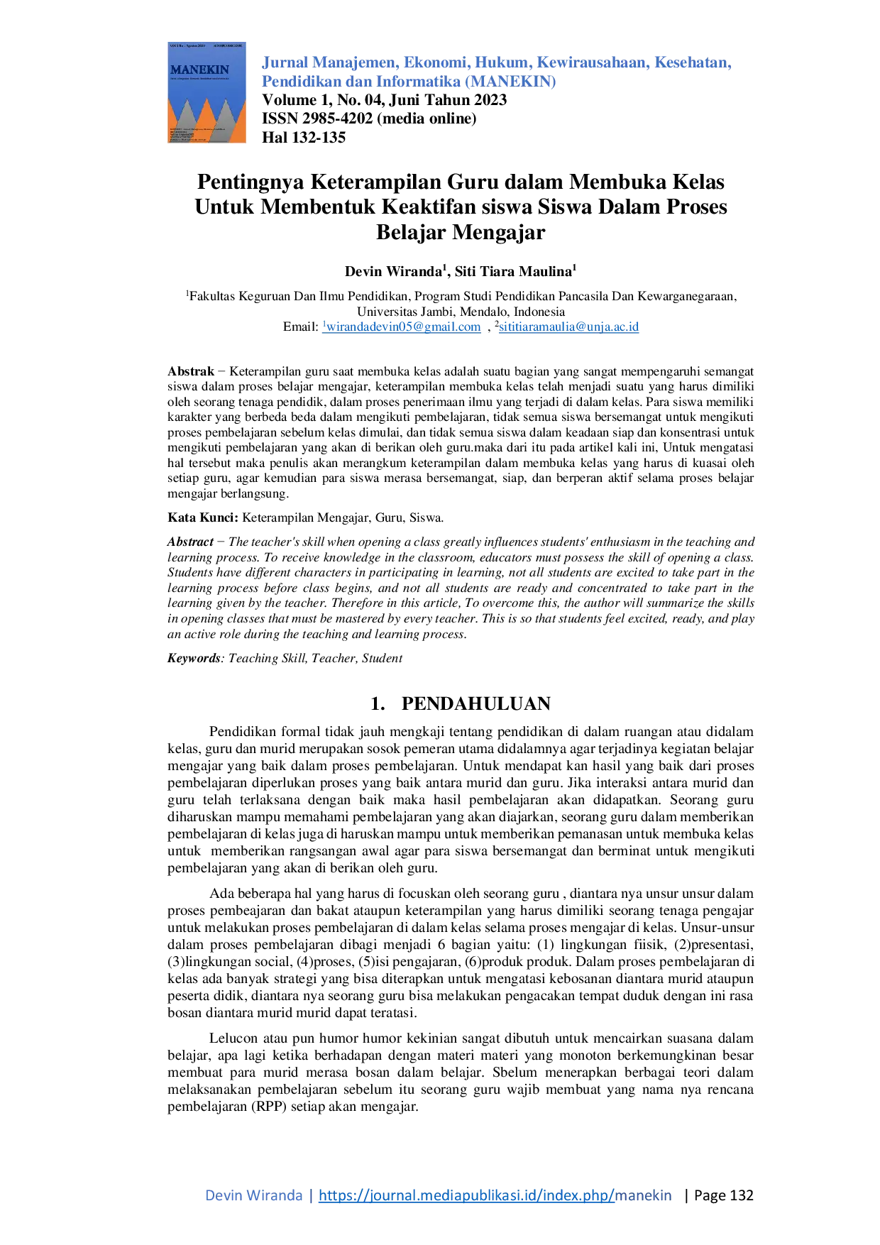 JURIS Pentingnya Keterampilan Guru dalam Membuka Kelas Untuk Membentuk Keaktifan siswa Siswa Dalam Proses Belajar Mengajar