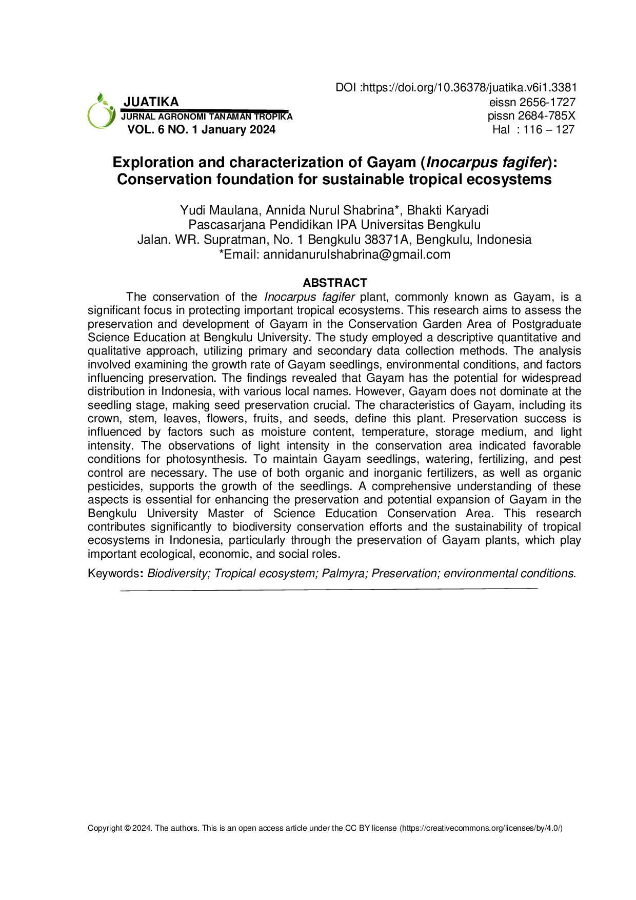 JURIS Exploration and characterization of Gayam Inocarpus fagifer Conservation foundation for sustainable tropical ecosystems