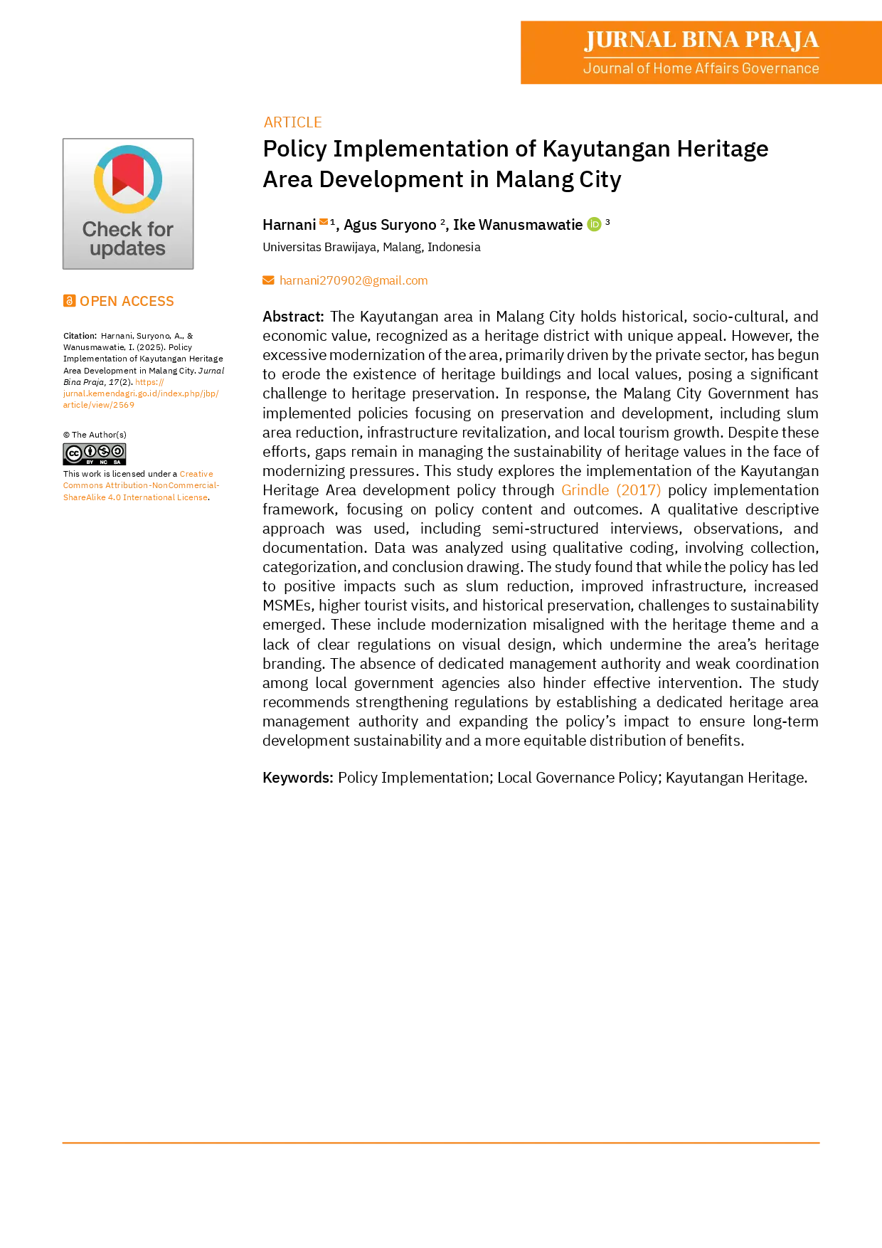 juris Implementasi Kebijakan Pengembangan Kawasan Cagar Budaya Kayutangan di Kota Malang