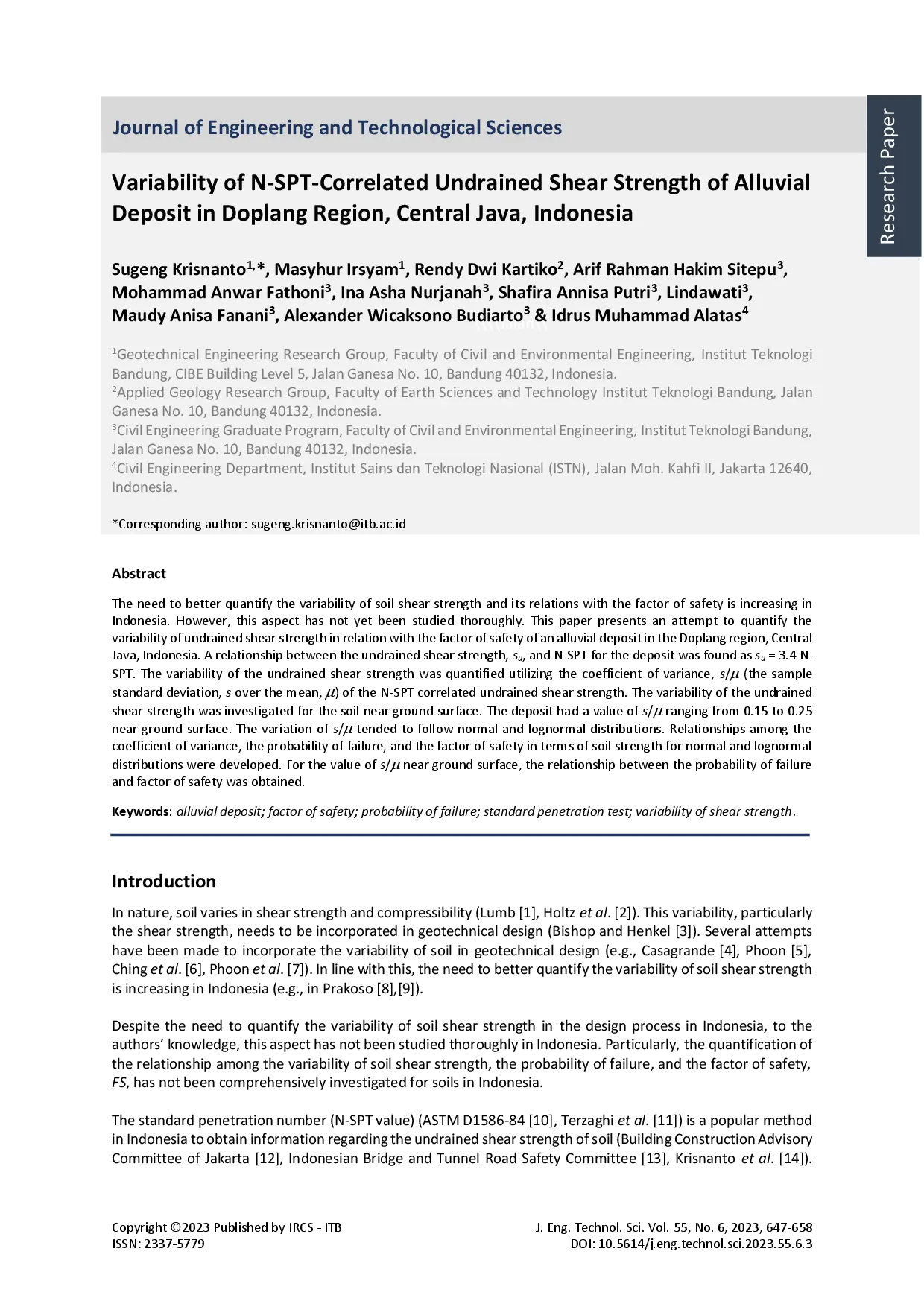 juris Variability of N SPT Correlated Undrained Shear Strength of Alluvial Deposit in Doplang Region Central Java Indonesia