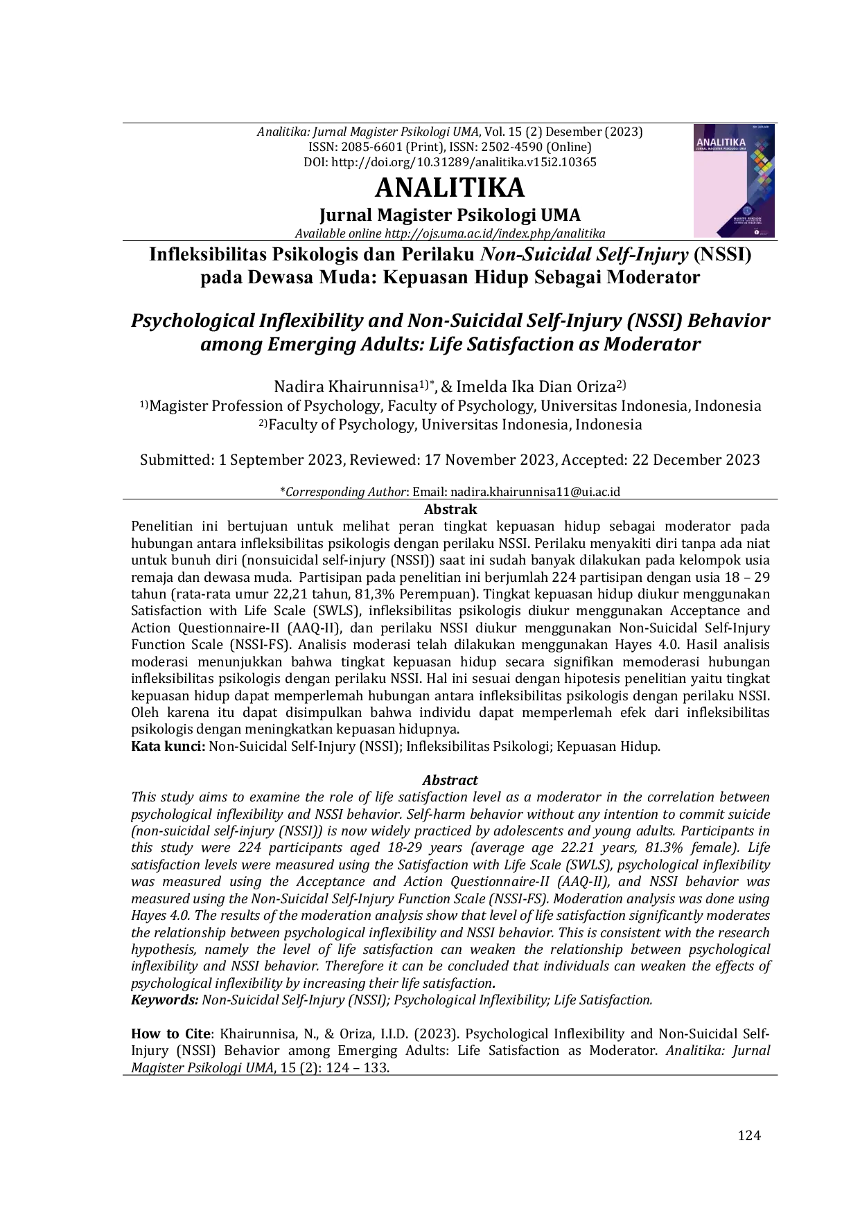 JURIS Psychological Inflexibility and Non Suicidal Self Injury NSSI Behavior among Emerging Adults Life Satisfaction as Moderator