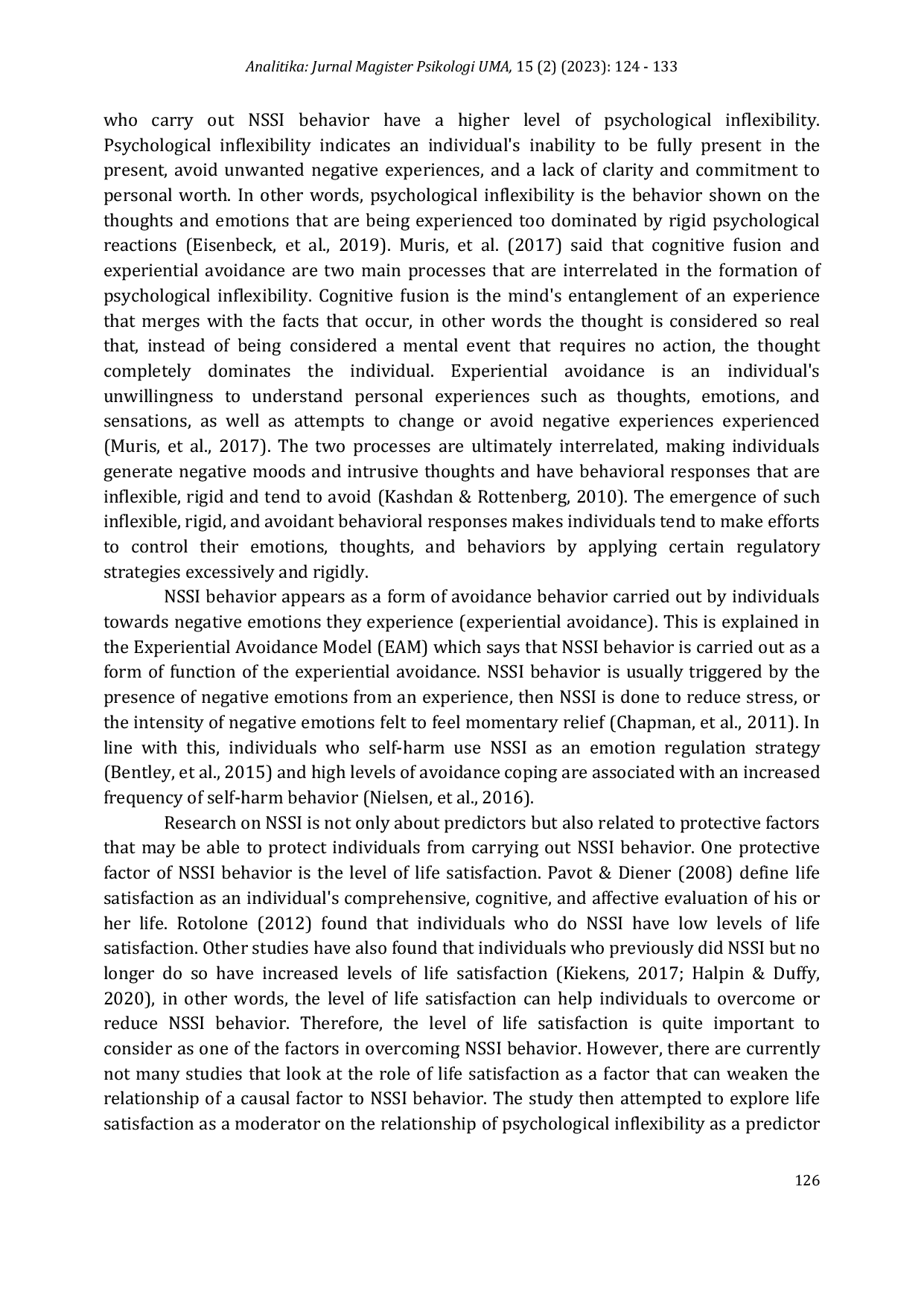 JURIS Psychological Inflexibility and Non Suicidal Self Injury NSSI Behavior among Emerging Adults Life Satisfaction as Moderator