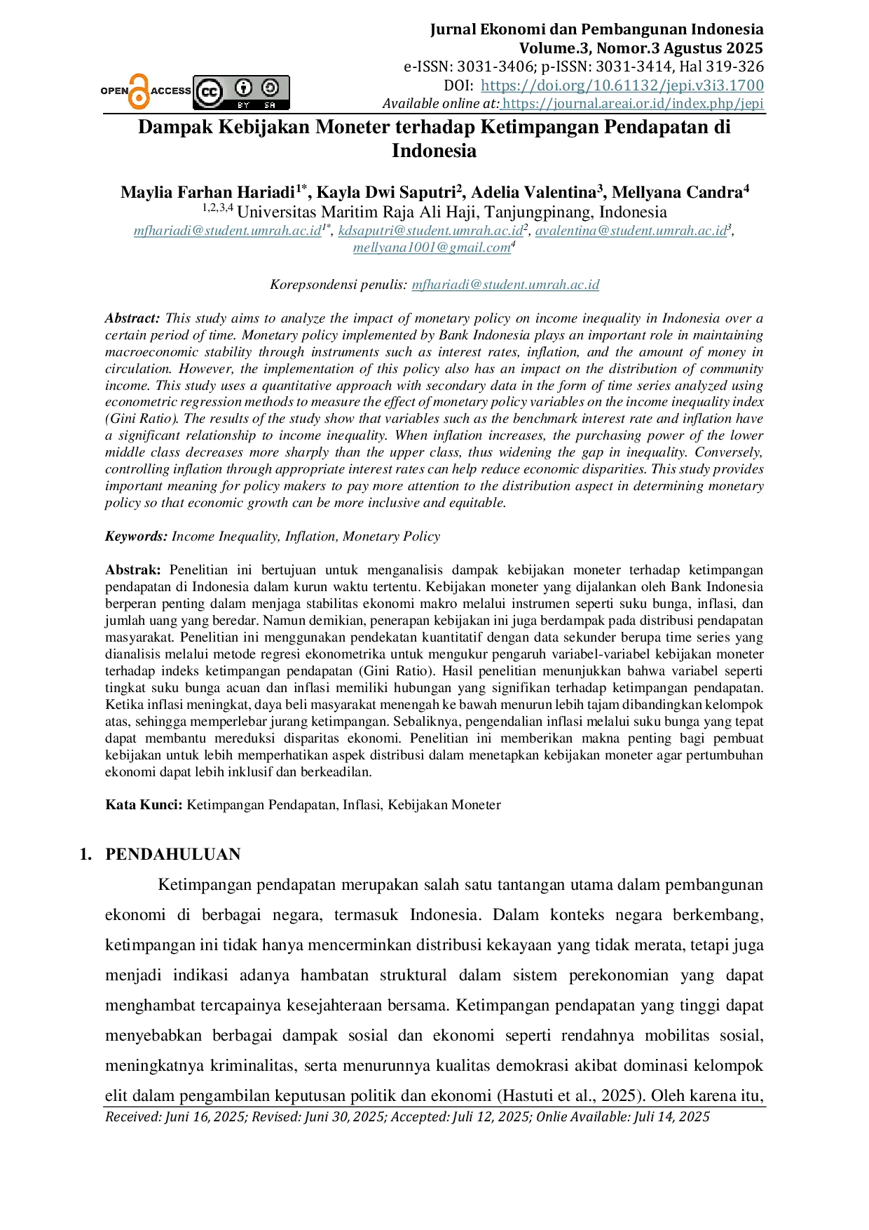 JURIS Dampak Kebijakan Moneter terhadap Ketimpangan Pendapatan di Indonesia