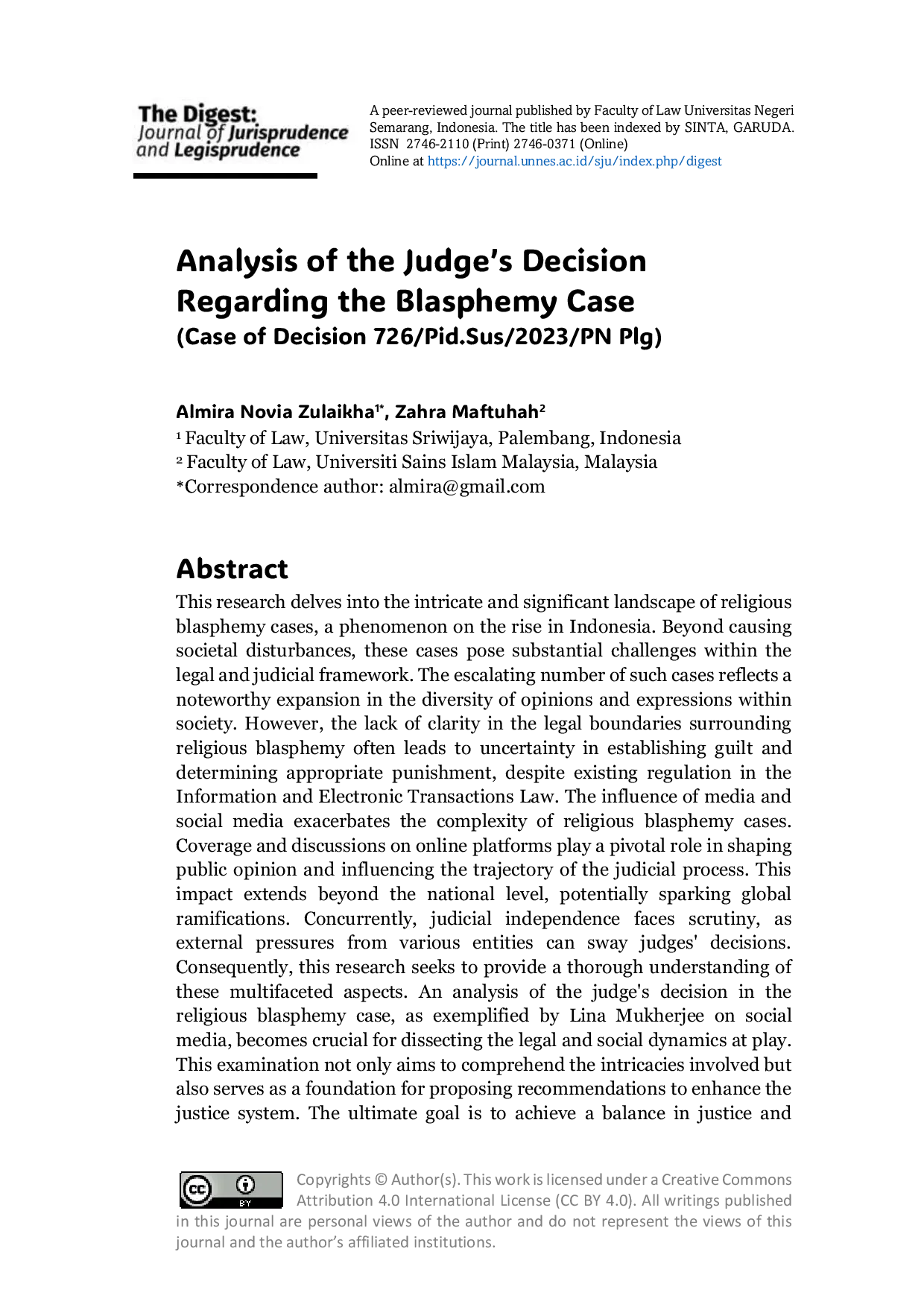 JURIS Analysis of the Judge s Decision Regarding the Blasphemy Case Case of Decision 726 Pid Sus 2023 PN Plg