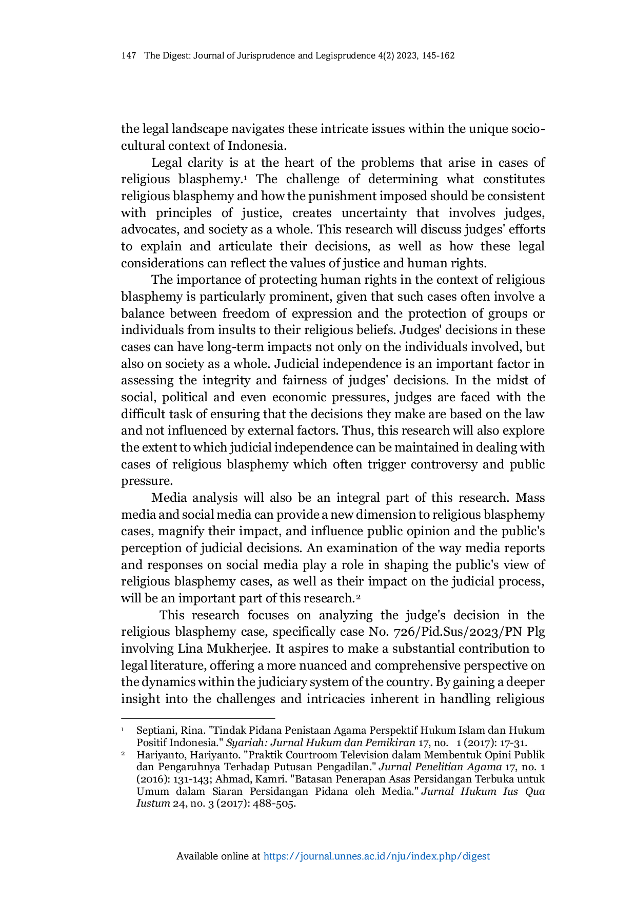 JURIS Analysis of the Judge s Decision Regarding the Blasphemy Case Case of Decision 726 Pid Sus 2023 PN Plg