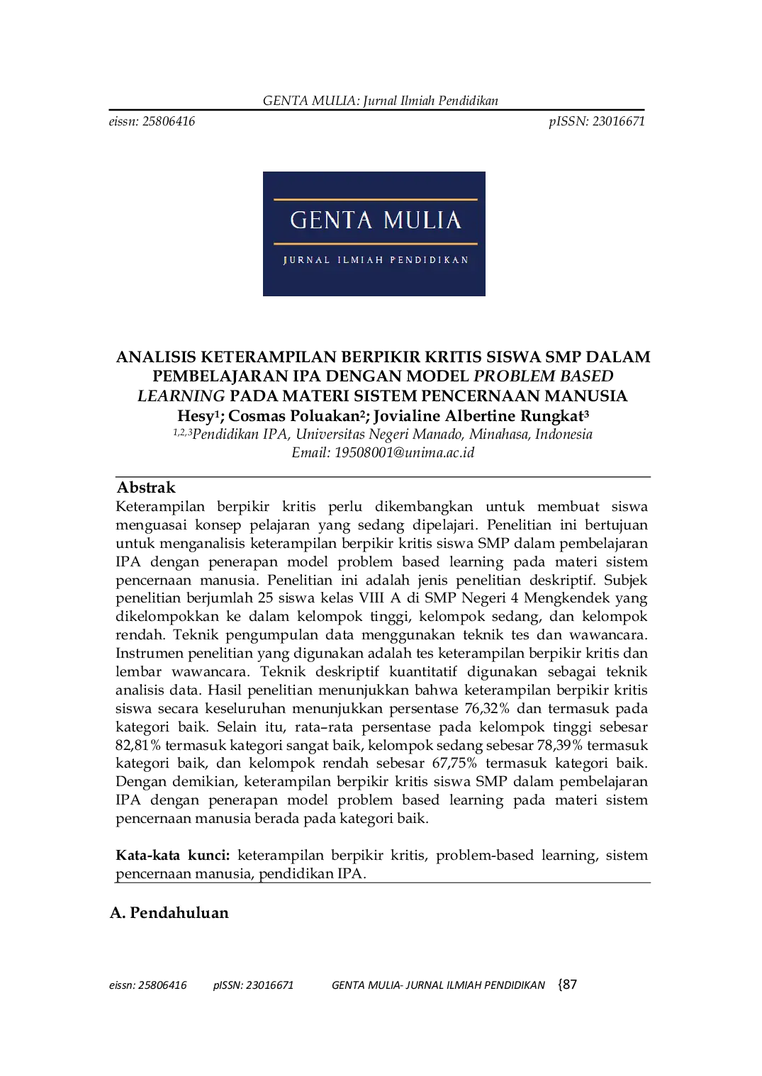 JURIS Analisis Keterampilan Berpikir Kritis Siswa SMP Dalam Pembelajaran IPA Dengan Model Problem Based Learning Pada Materi Sistem Pencernaan Manusia