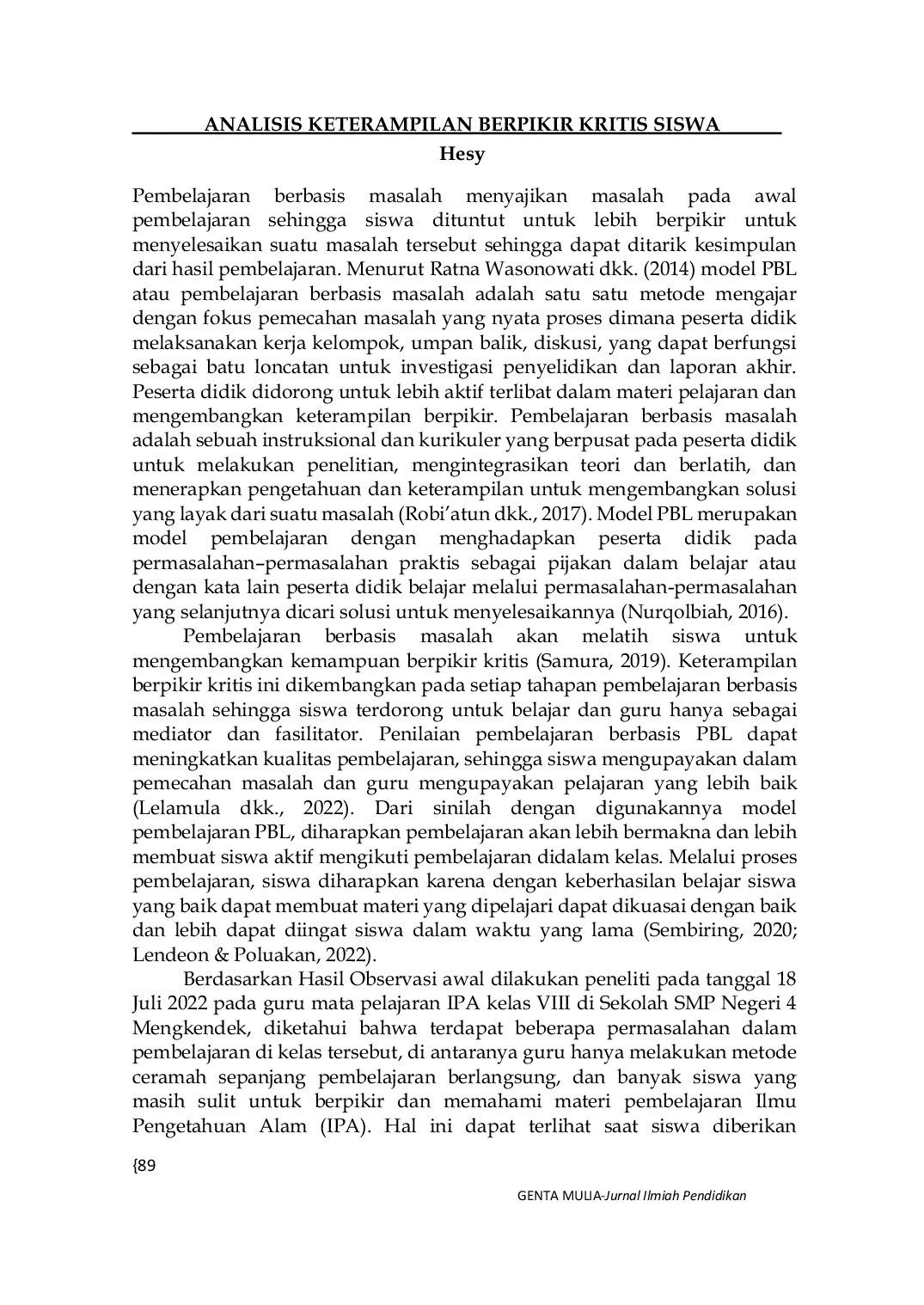 JURIS Analisis Keterampilan Berpikir Kritis Siswa SMP Dalam Pembelajaran IPA Dengan Model Problem Based Learning Pada Materi Sistem Pencernaan Manusia