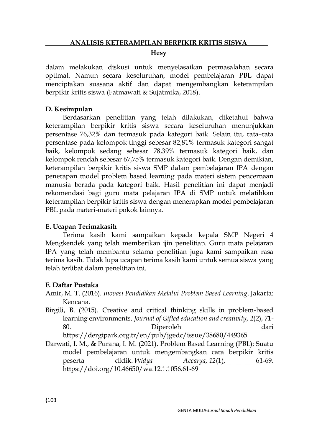 JURIS Analisis Keterampilan Berpikir Kritis Siswa SMP Dalam Pembelajaran IPA Dengan Model Problem Based Learning Pada Materi Sistem Pencernaan Manusia