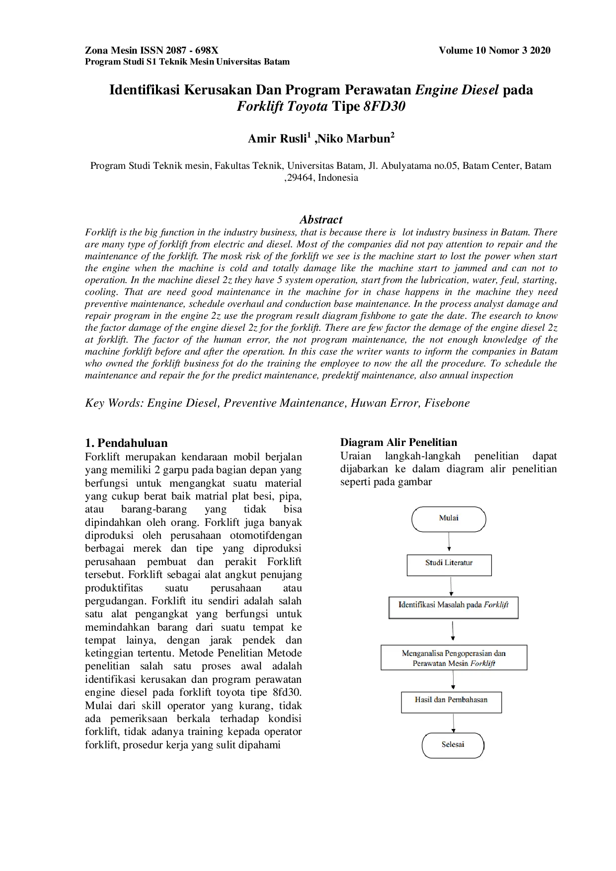 JURIS Identifikasi Kerusakan Dan Program Perawatan Engine Diesel pada Forklift Toyota Tipe 8FD30