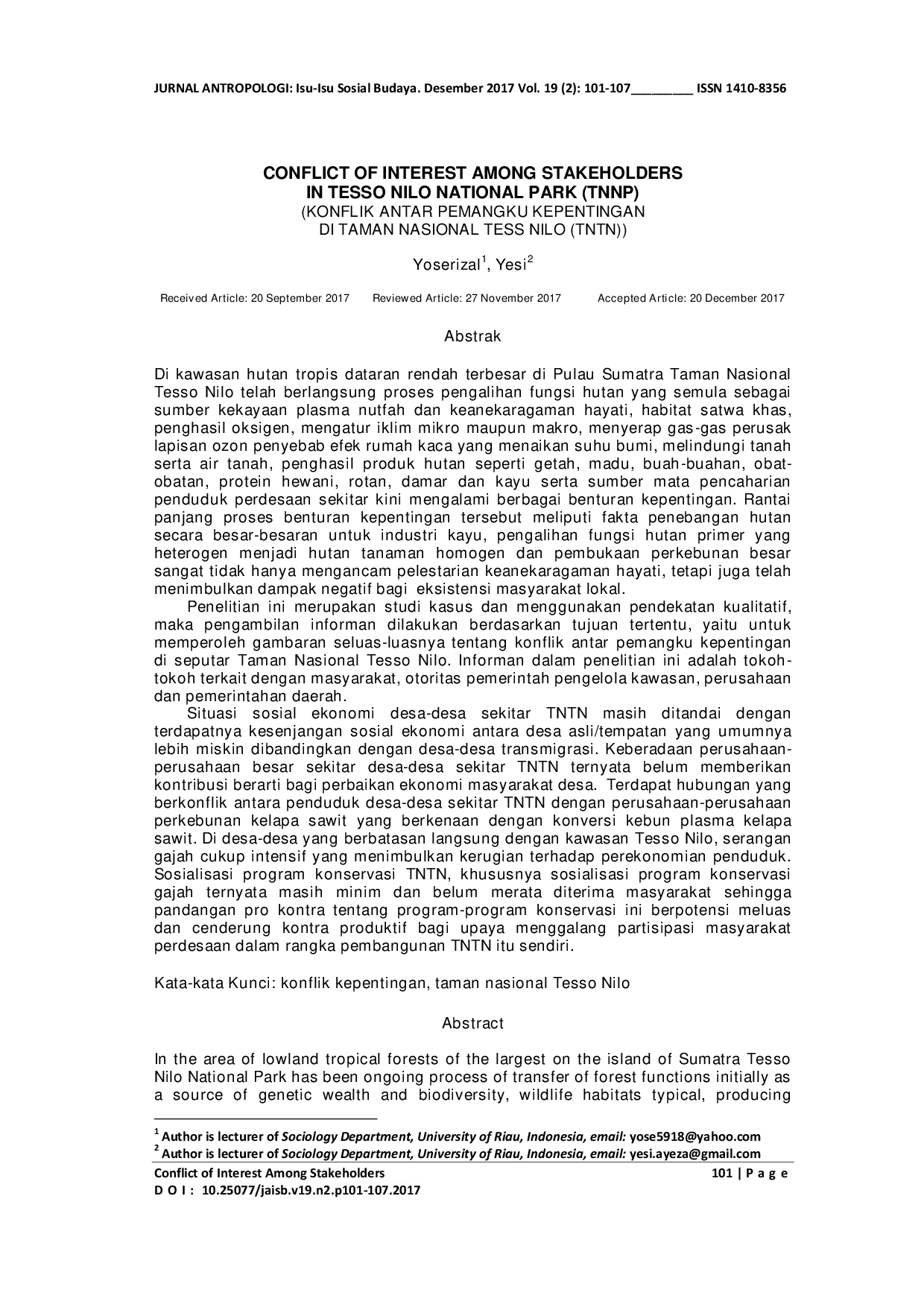 JURIS Conflict of Interest Among Stakeholders in Tess Nilo National Park Konflik Antar Pemangku Kepentingan di Taman Nasional Tess Nilo