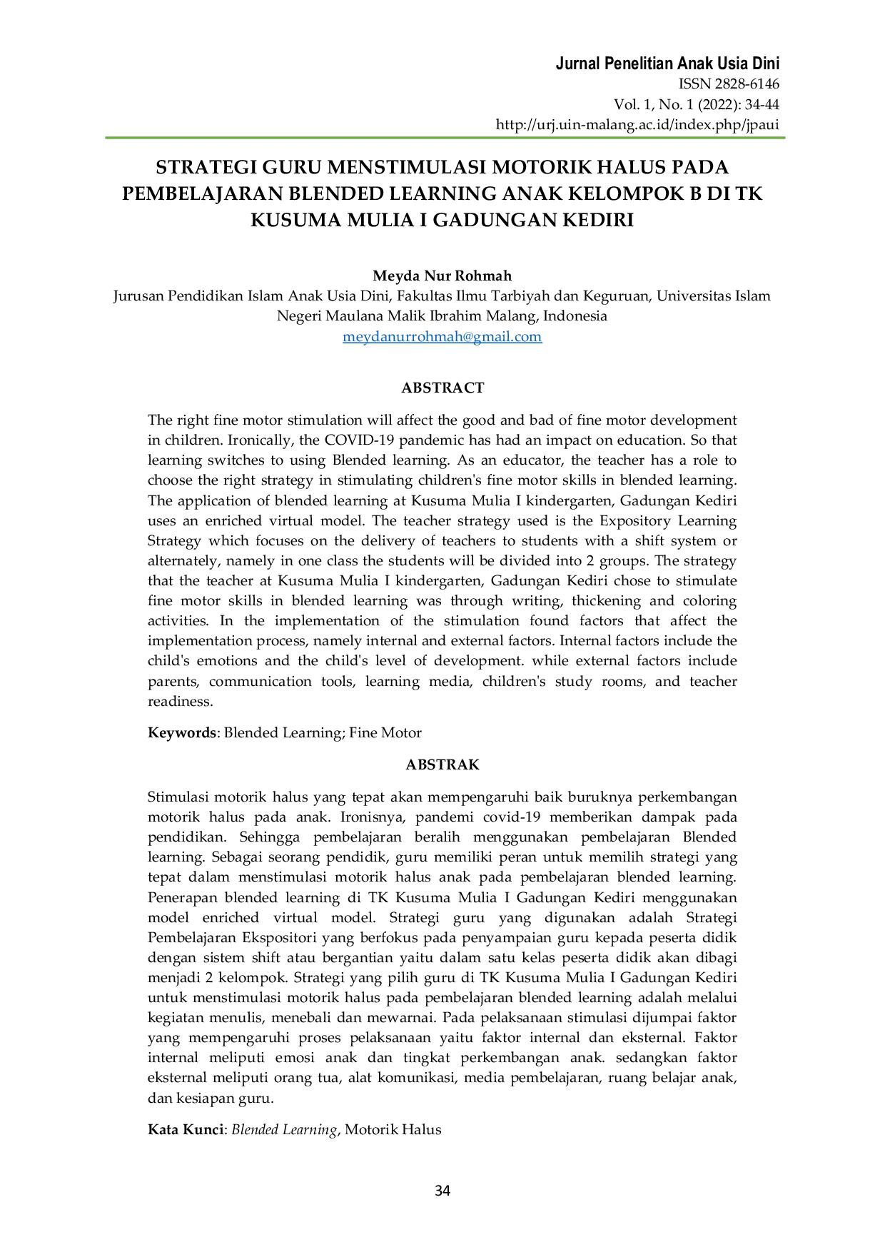 JURIS Strategi Guru Menstimulasi Motorik Halus Pada Pembelajaran Blended Learning Anak Kelompok B Di Tk Kusuma Mulia I Gadungan Kediri