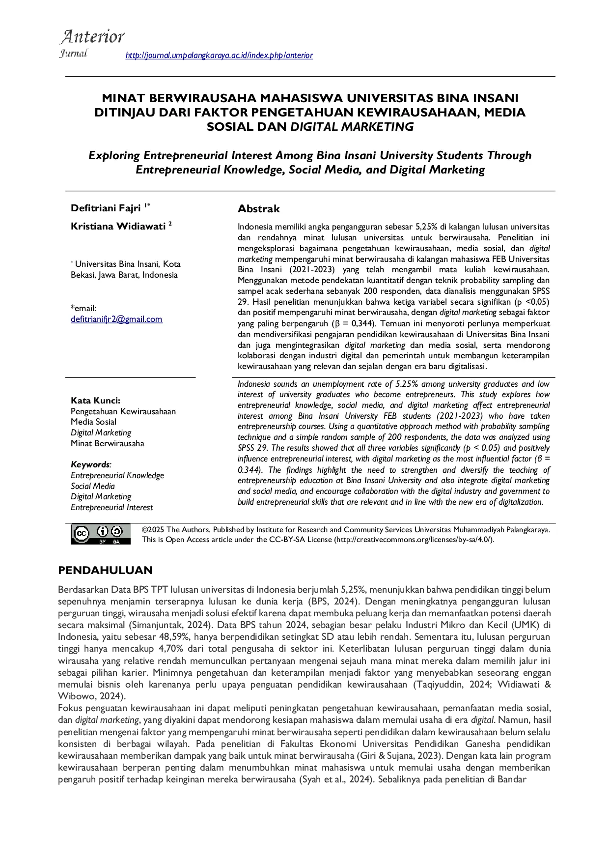 JURIS Minat Berwirausaha Mahasiswa Universitas Bina Insani Ditinjau dari Faktor Pengetahuan Kewirausahaan Media Sosial dan Digital Marketing