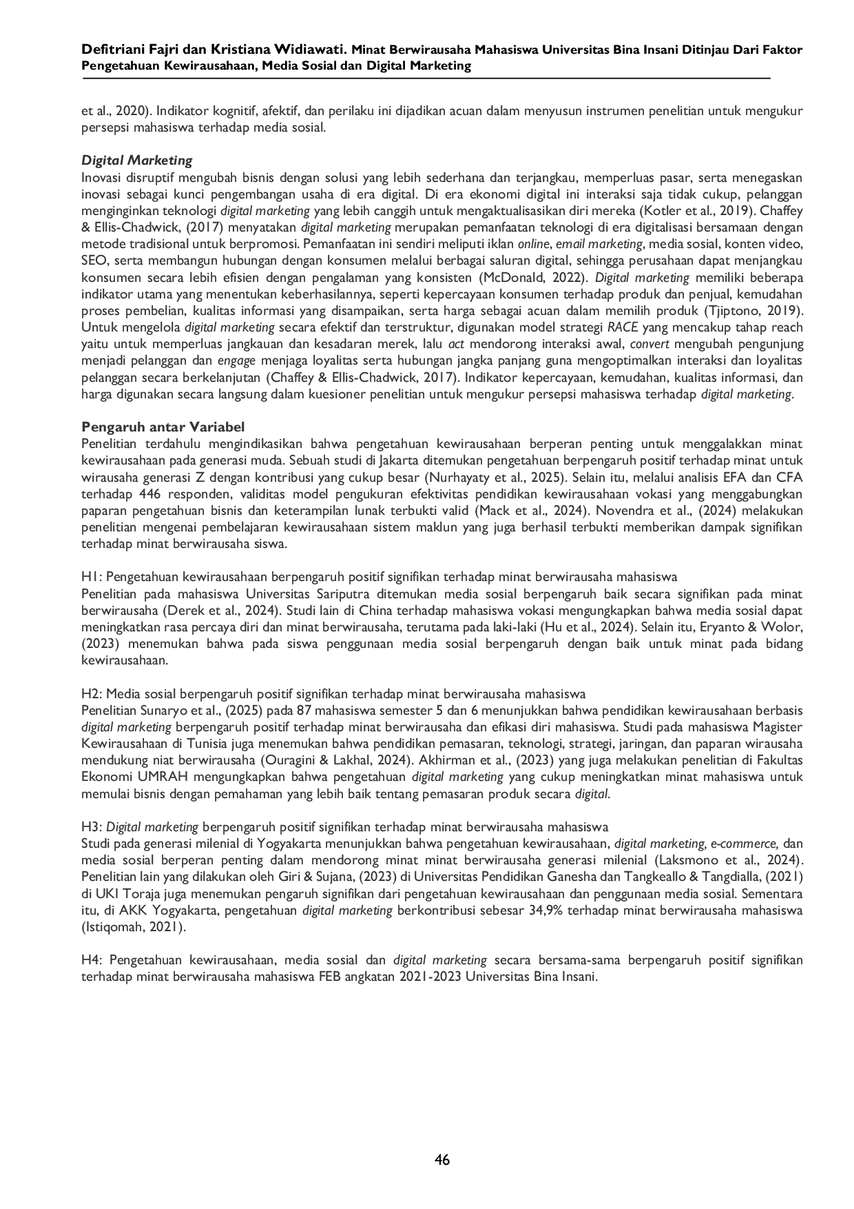 JURIS Minat Berwirausaha Mahasiswa Universitas Bina Insani Ditinjau dari Faktor Pengetahuan Kewirausahaan Media Sosial dan Digital Marketing