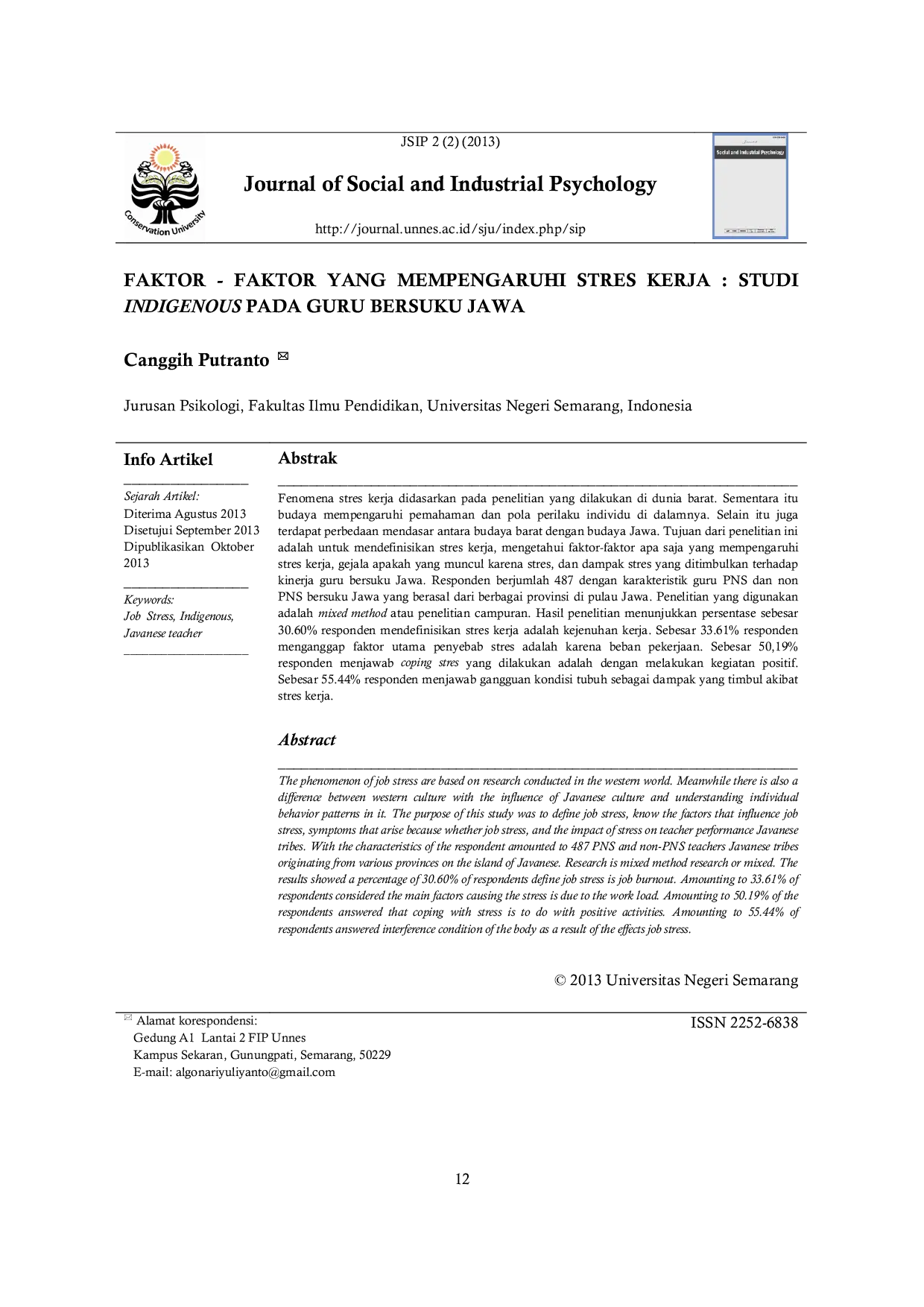 JURIS Faktor Faktor Yang Mempengaruhi Stres Kerja Studi Indigenous Pada Guru Bersuku Jawa