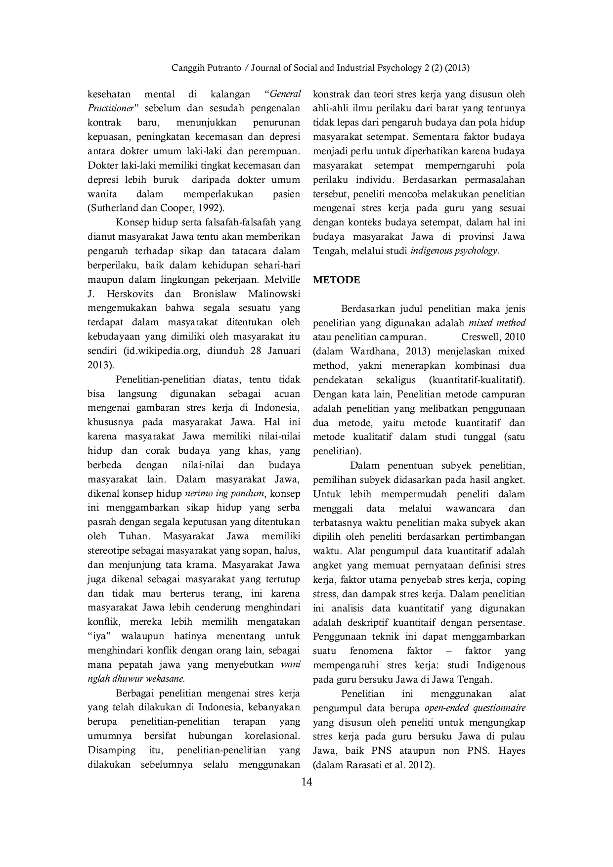 JURIS Faktor Faktor Yang Mempengaruhi Stres Kerja Studi Indigenous Pada Guru Bersuku Jawa