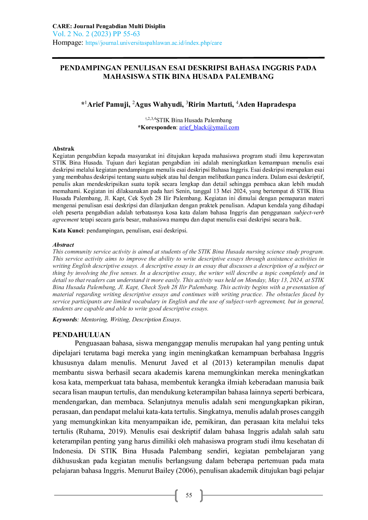 JURIS Pendampingan Penulisan Esai Deskripsi Bahasa Inggris Pada Mahasiswa STIK Bina Husada Palembang