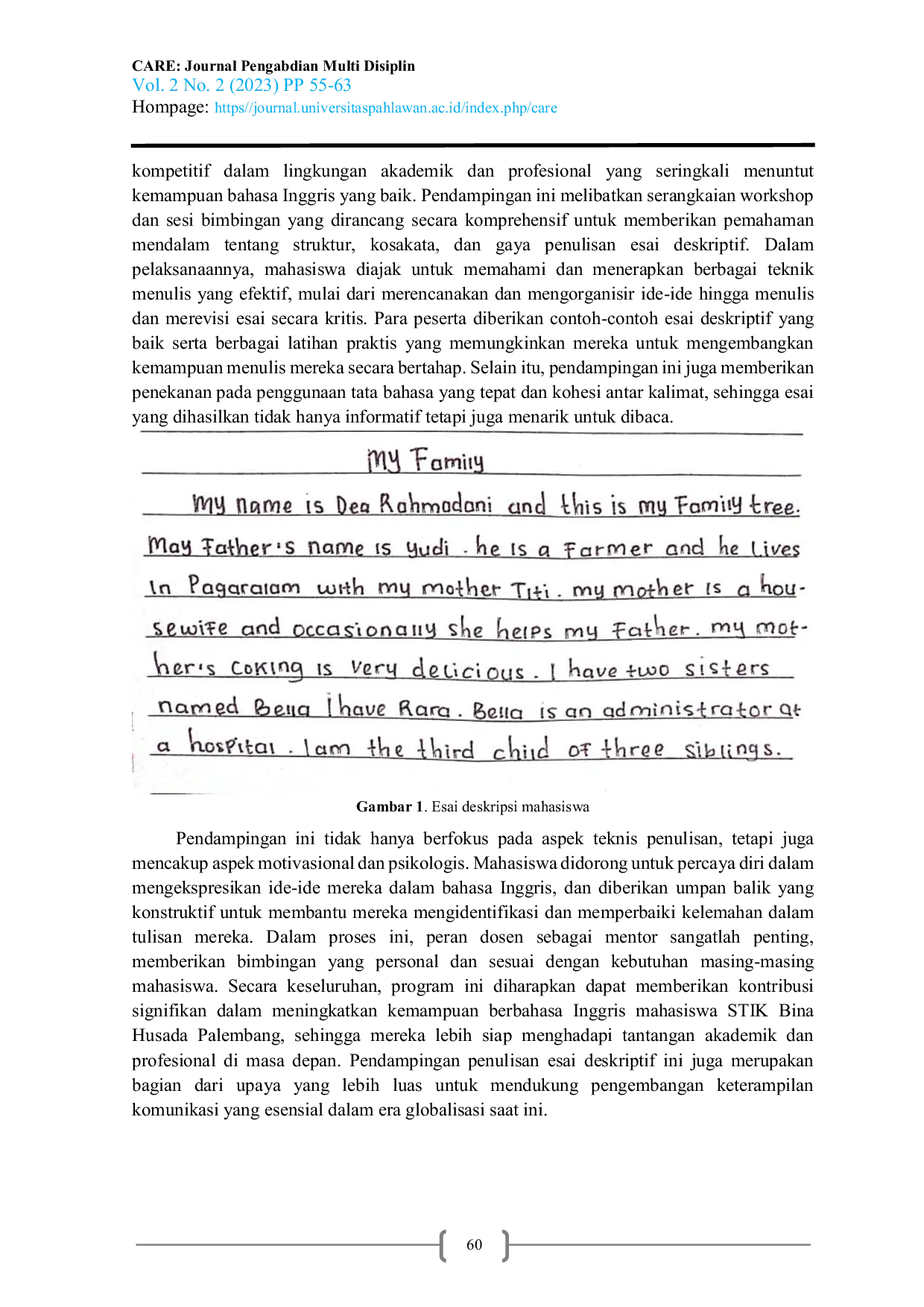 JURIS Pendampingan Penulisan Esai Deskripsi Bahasa Inggris Pada Mahasiswa STIK Bina Husada Palembang
