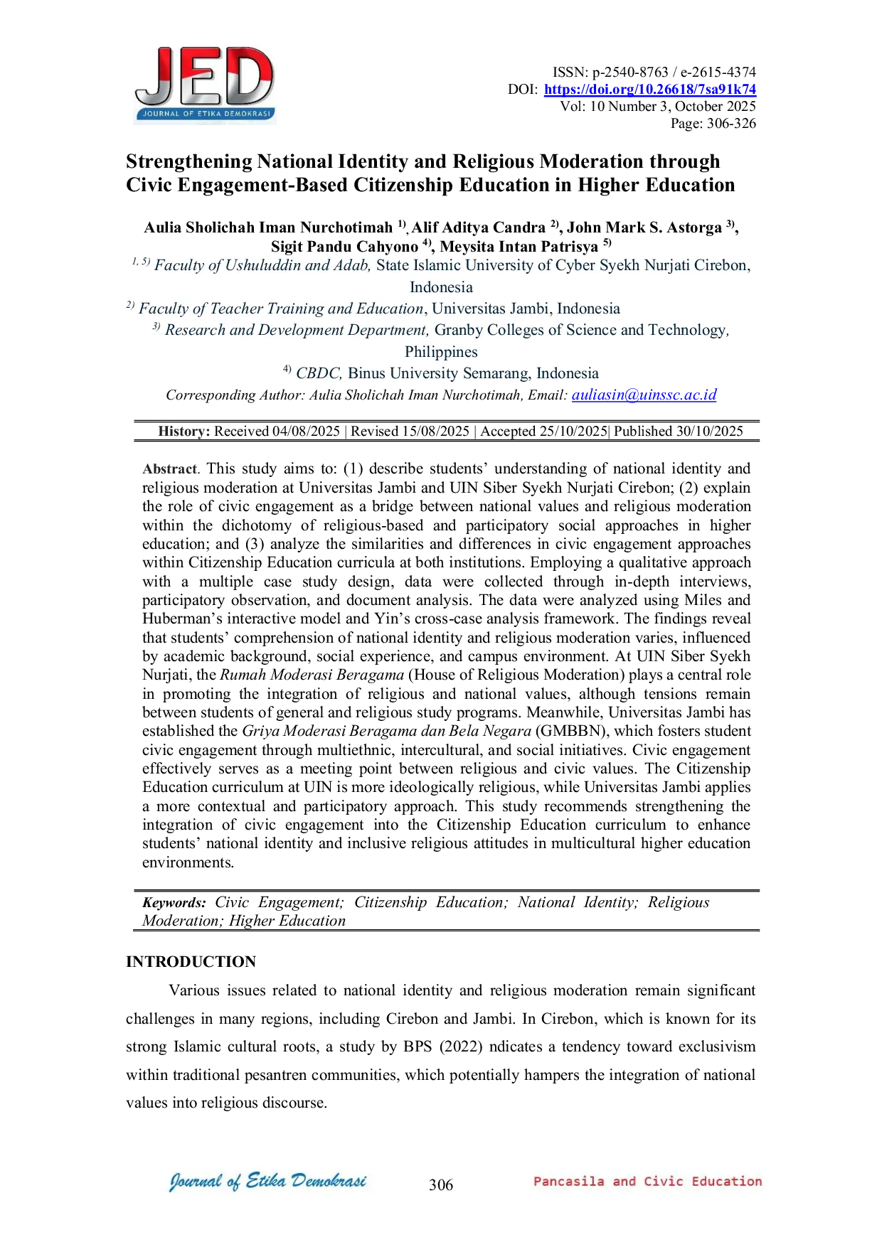 JURIS Strengthening National Identity and Religious Moderation through Civic Engagement Based Citizenship Education in Higher Education