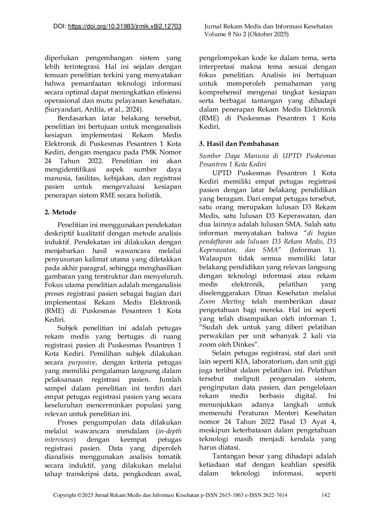 JURIS Transformasi Digital Rekam Medis Analisis Implementasi PMK Nomor 24 Tahun 2022 di Puskesmas Pesantren 1 Kota Kediri
