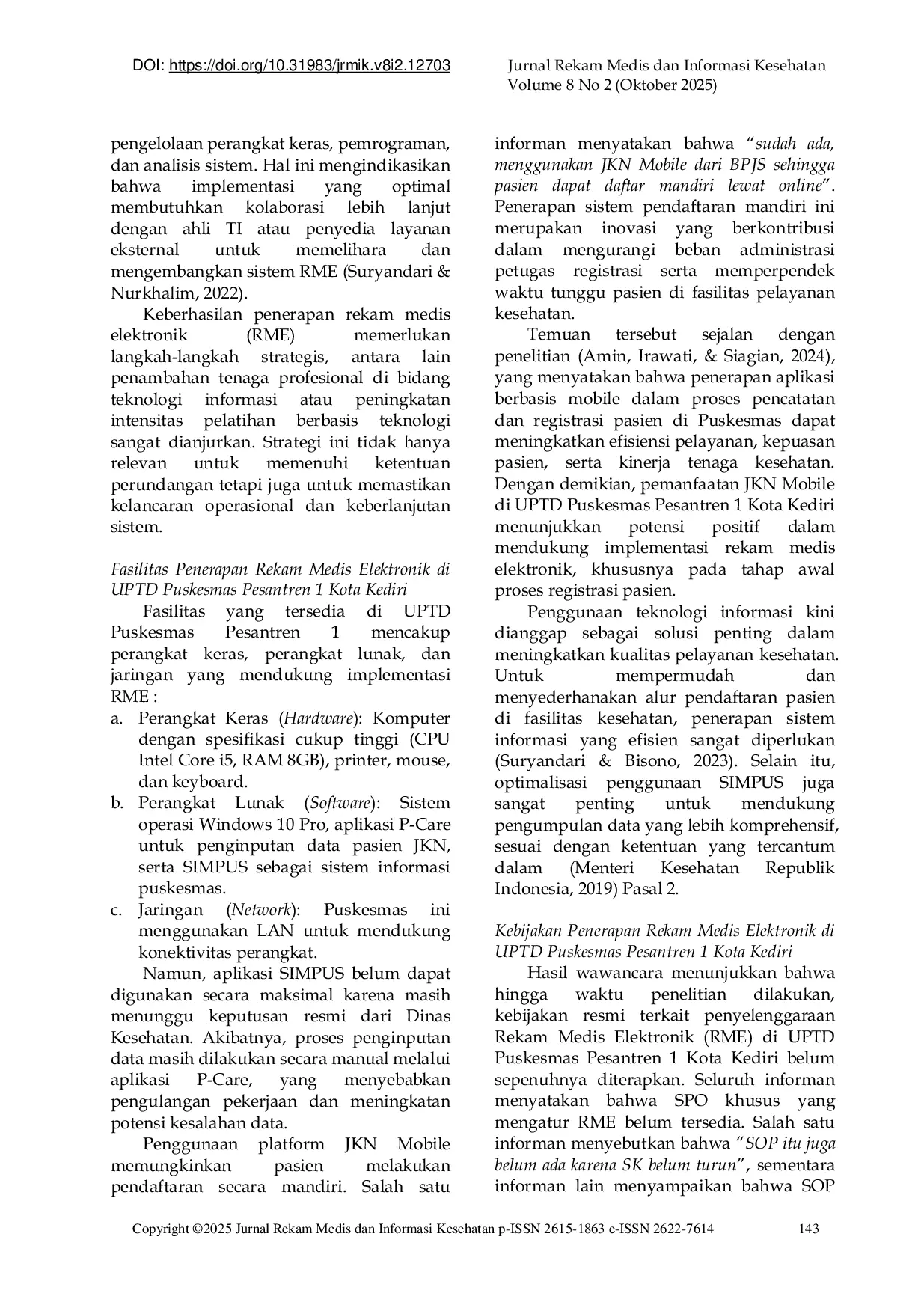 JURIS Transformasi Digital Rekam Medis Analisis Implementasi PMK Nomor 24 Tahun 2022 di Puskesmas Pesantren 1 Kota Kediri