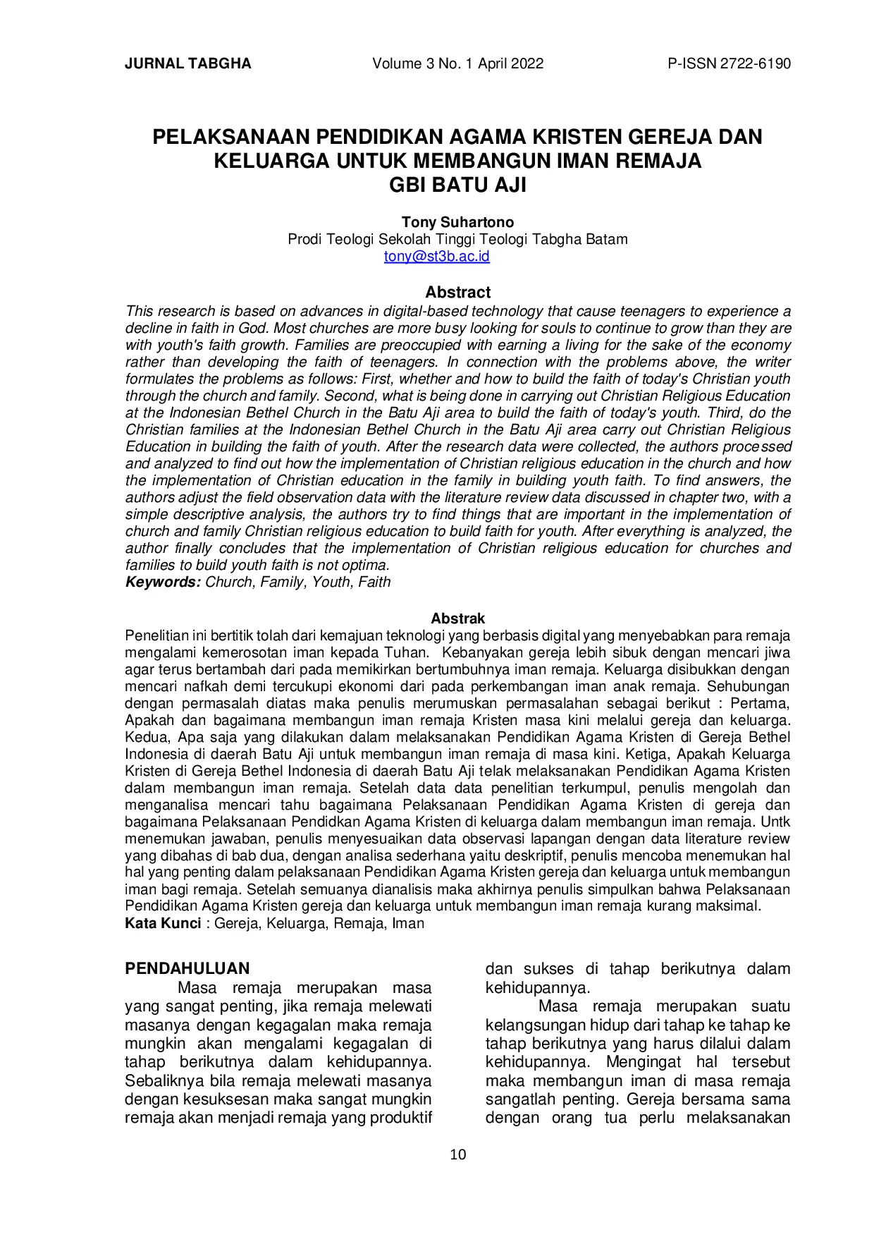 JURIS Pelaksanaan Pendidikan Agama Kristen Gereja dan Keluarga untuk Membangun Iman Remaja
