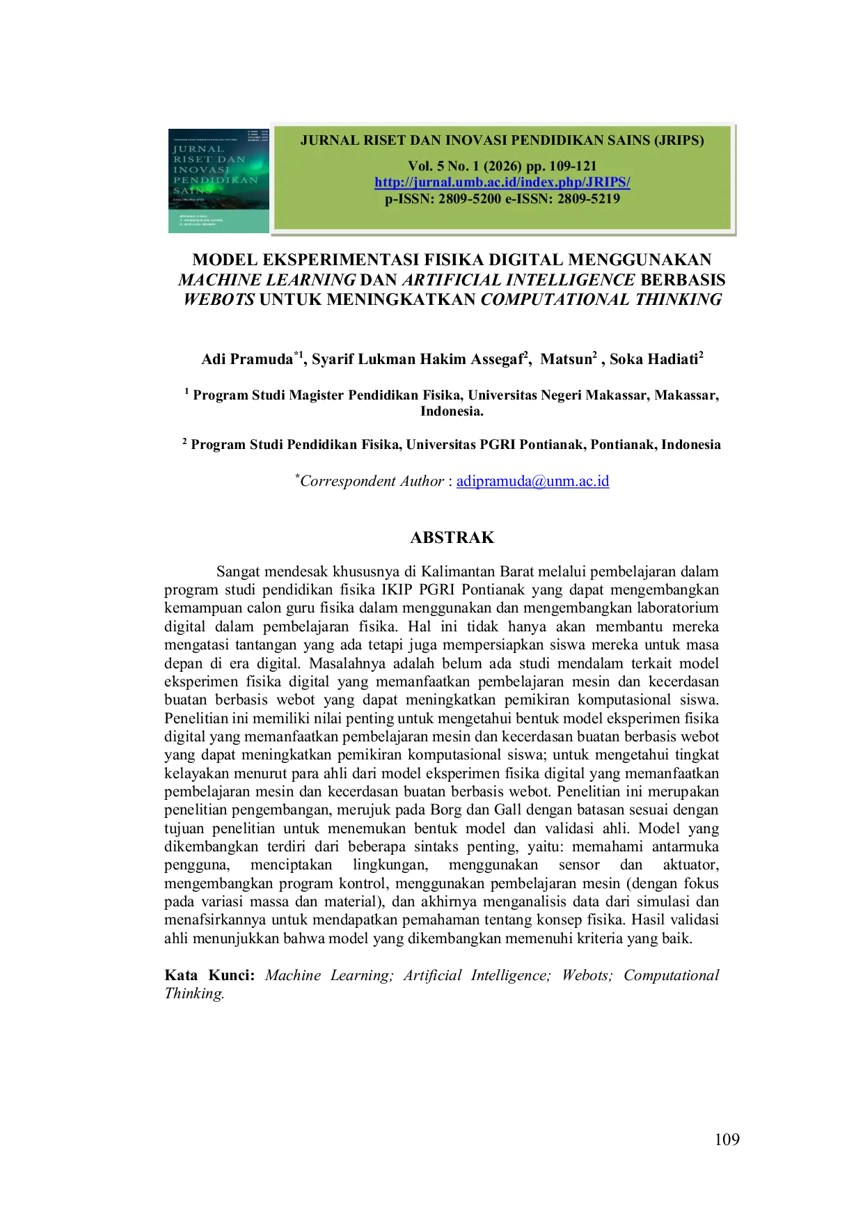 JURIS Model Eksperimentasi Fisika Digital Menggunakan Machine Learning Dan Artificial Intelligence Berbasis Webots Untuk Meningkatkan Computational Thinking