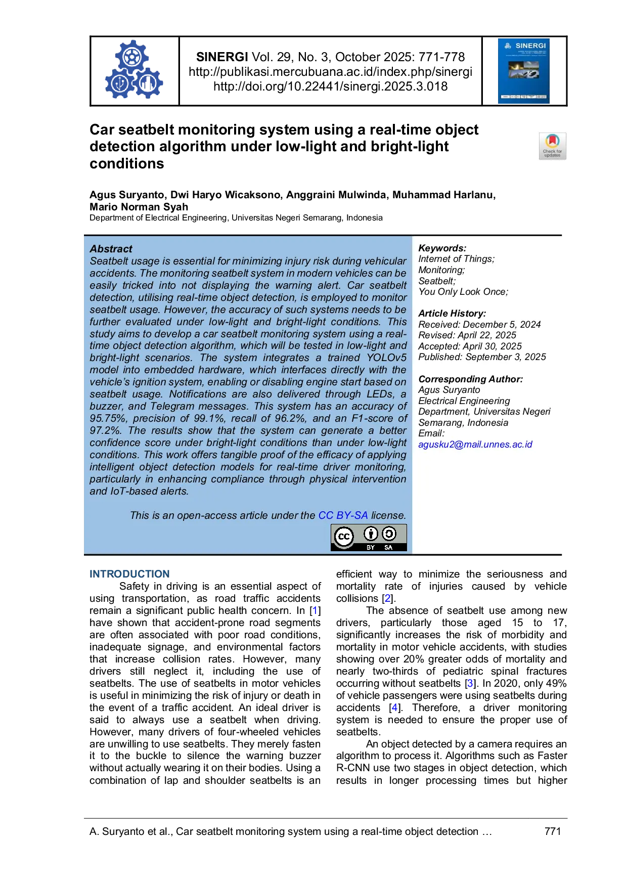 JURIS Car seatbelt monitoring system using real time object detection algorithm under low light and bright light conditions