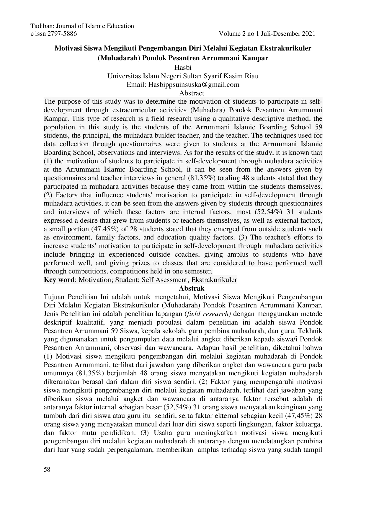 juris Motivasi Siswa Mengikuti Pengembangan Diri Melalui Kegiatan Ekstrakurikuler Muhadarah Pondok Pesantren Arrummani Kampar