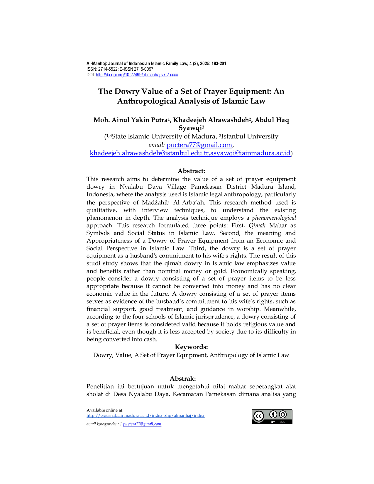 JURIS The Dowry Value of a Set of Prayer Equipment An Anthropological Analysis of Islamic Law