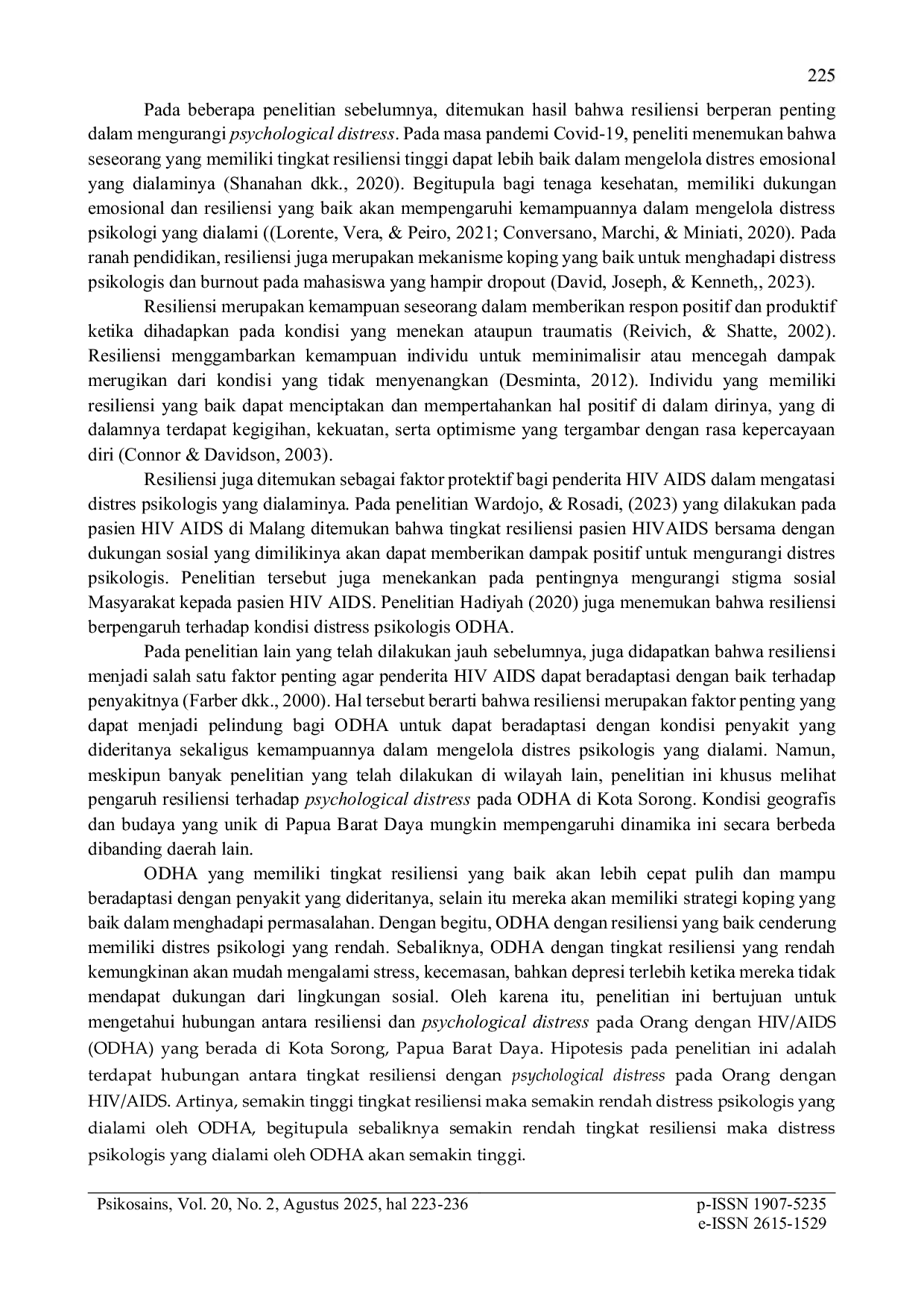 JURIS Psychological Distress Pada Orang Dengan Hiv Aids Odha Ditinjau Dari Tingkat Resiliensi