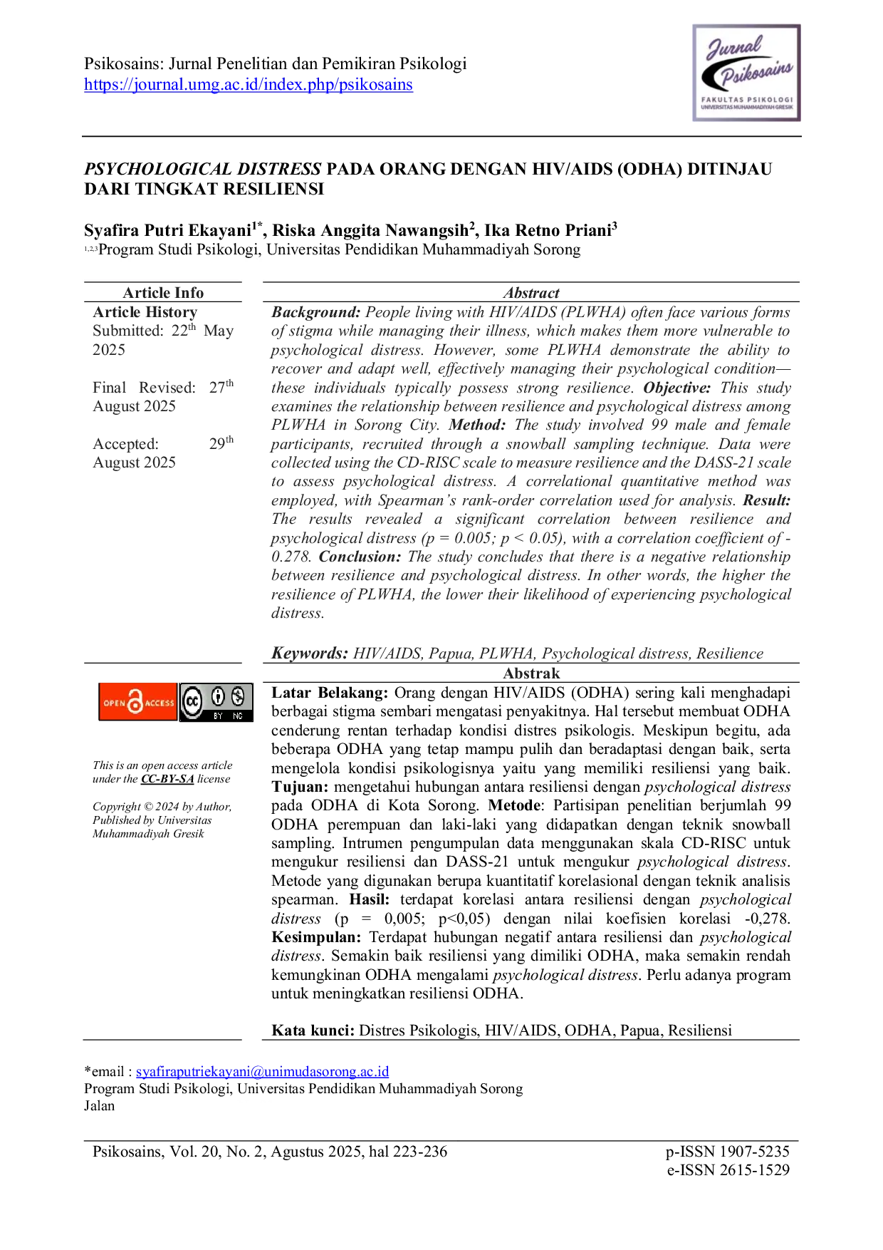 JURIS Psychological Distress Pada Orang Dengan Hiv Aids Odha Ditinjau Dari Tingkat Resiliensi