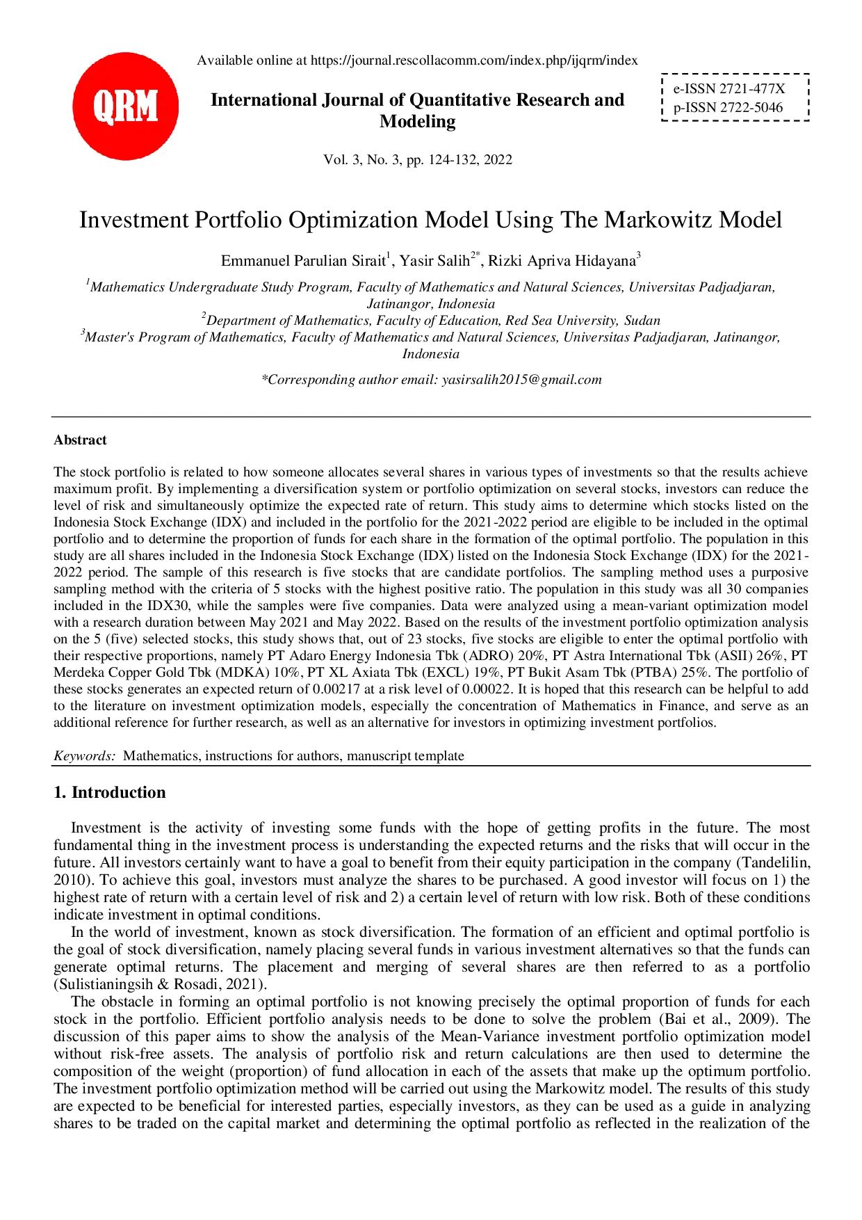 JURIS Investment Portfolio Optimization Model Using The Markowitz Model