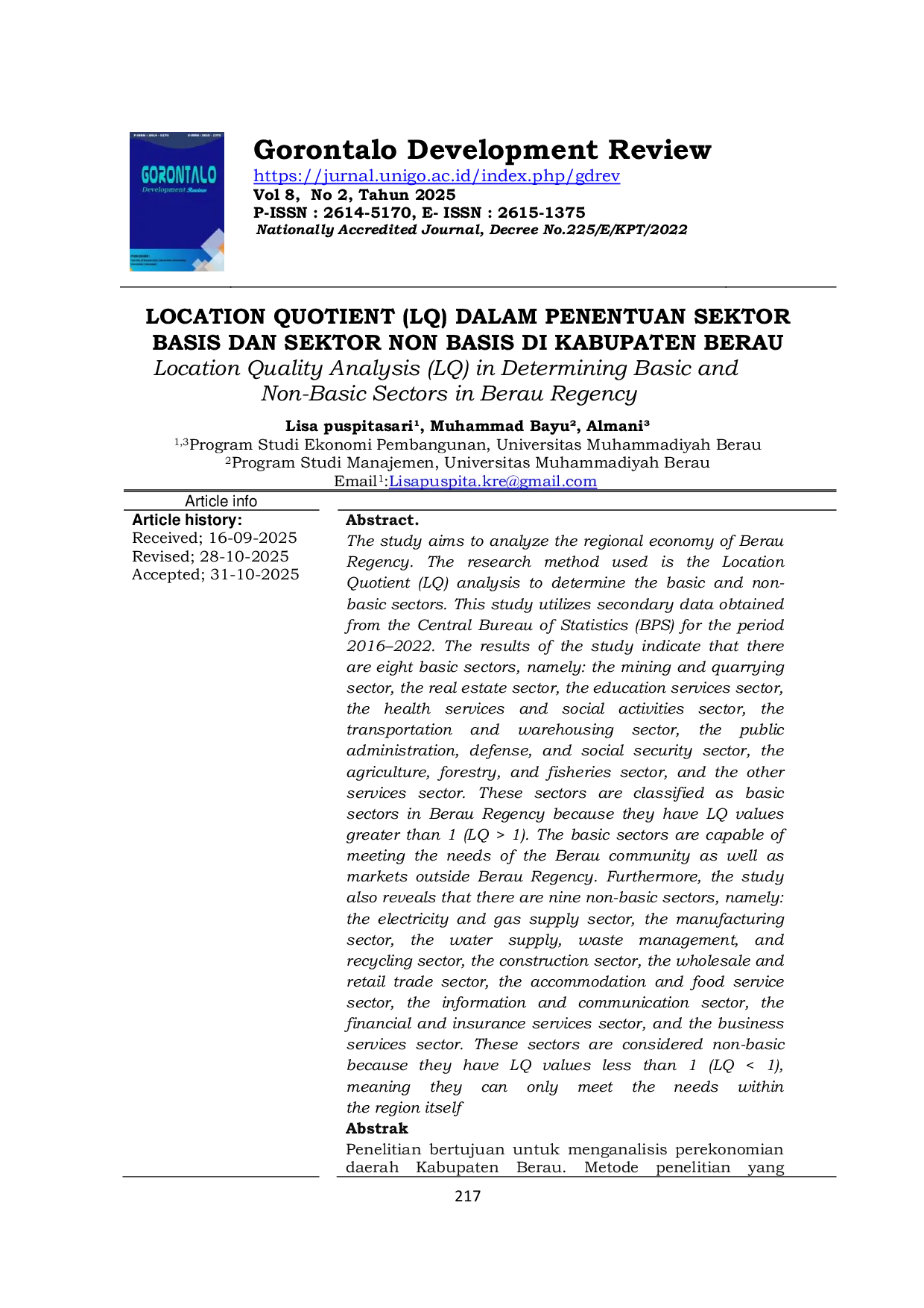 JURIS Location Quality Analysis LQ in Determining Basic and Non Basic Sectors in Berau Regency