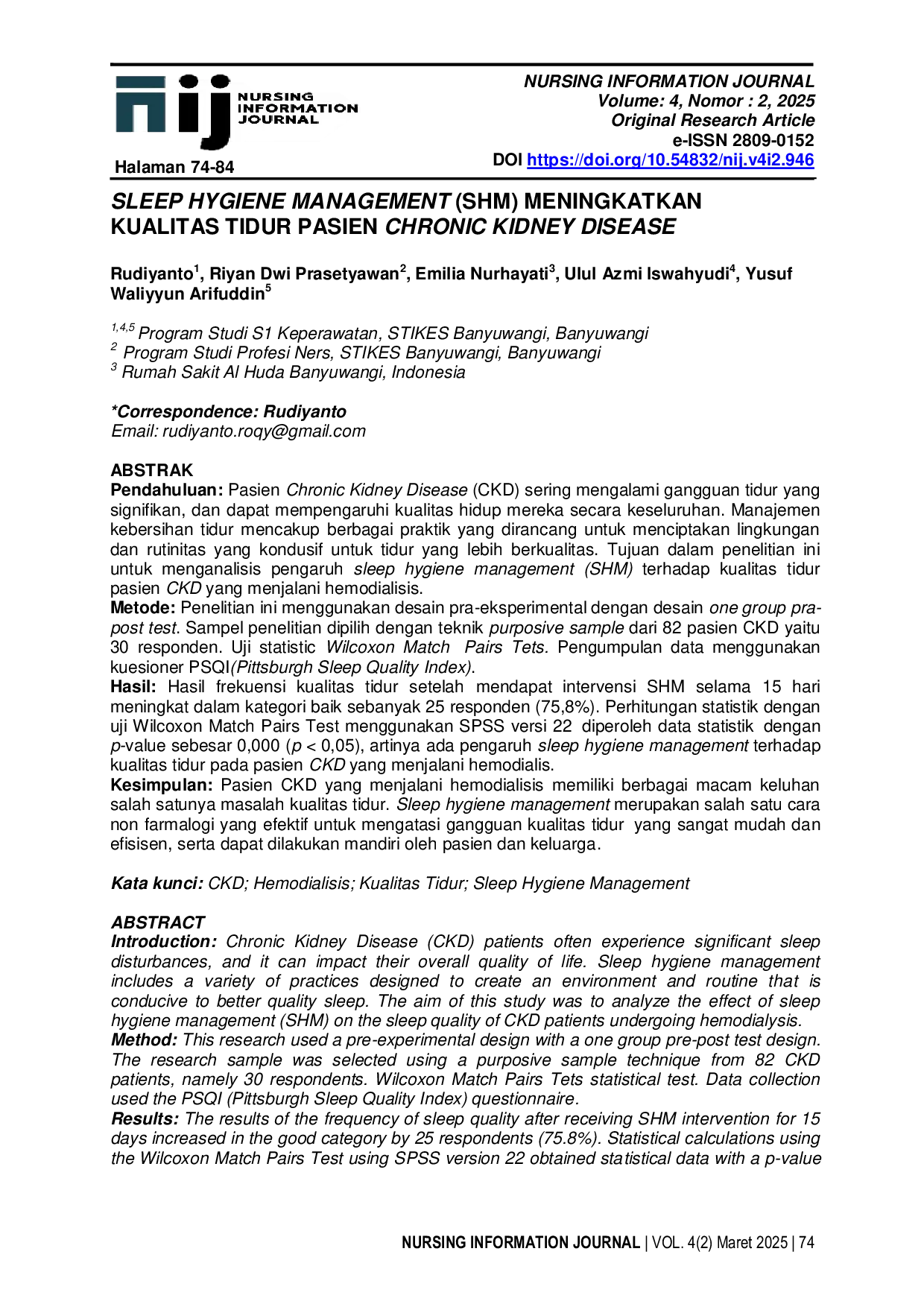 JURIS Sleep Hygiene Management SHM Meningkatkan Kualitas Tidur Pasien Chronic Kidney Disease