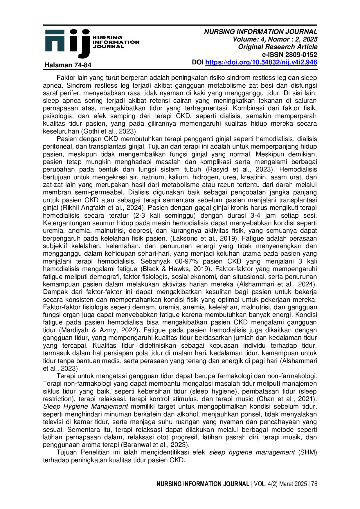 JURIS Sleep Hygiene Management SHM Meningkatkan Kualitas Tidur Pasien Chronic Kidney Disease