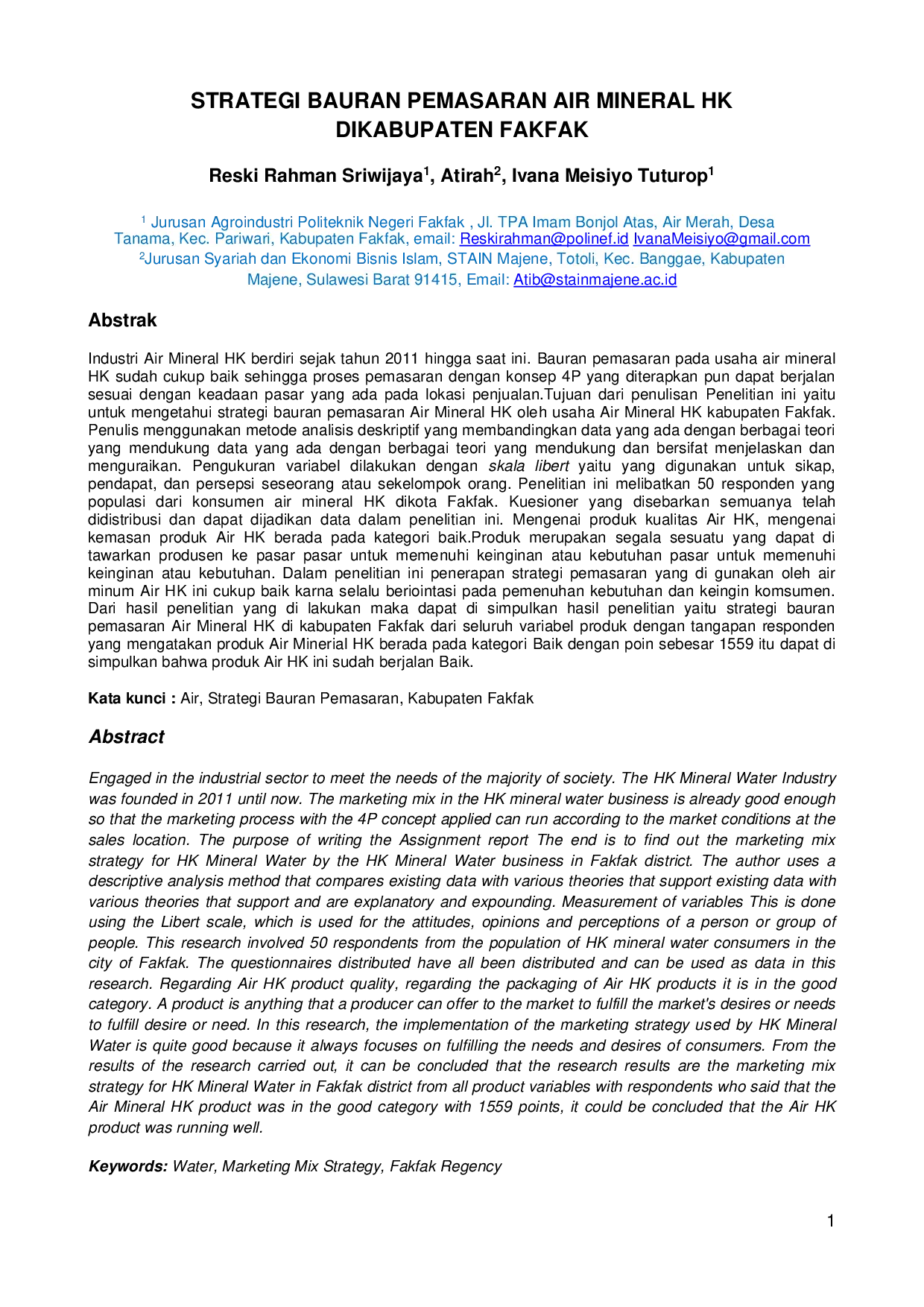 JURIS Strategi Bauran Pemasaran Air Mineral Hk Di Kabupaten Fakfak