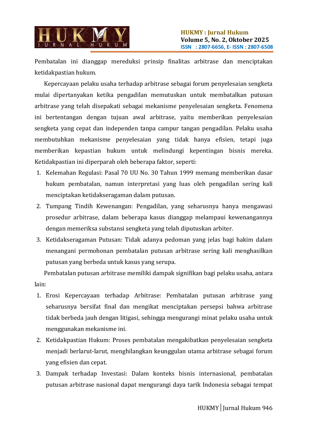 JURIS Analisis Hukum Pembatalan Putusan Arbitrase Nasional Terhadap Kepercayaan Pelaku Usaha