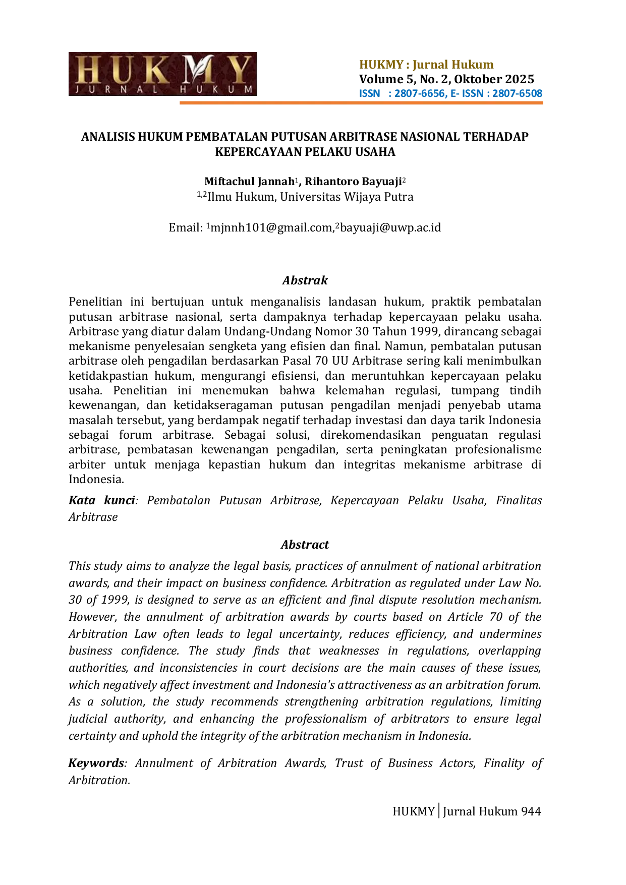 JURIS Analisis Hukum Pembatalan Putusan Arbitrase Nasional Terhadap Kepercayaan Pelaku Usaha
