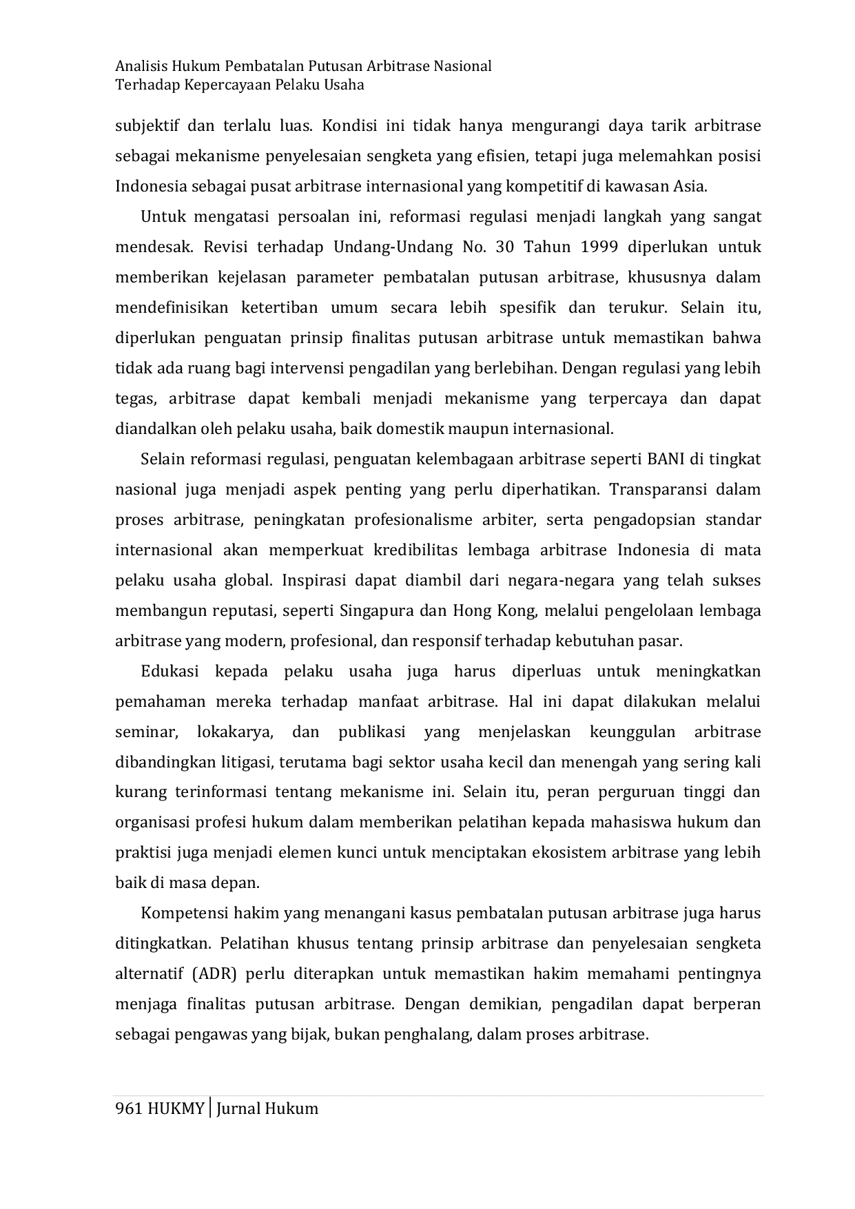 JURIS Analisis Hukum Pembatalan Putusan Arbitrase Nasional Terhadap Kepercayaan Pelaku Usaha