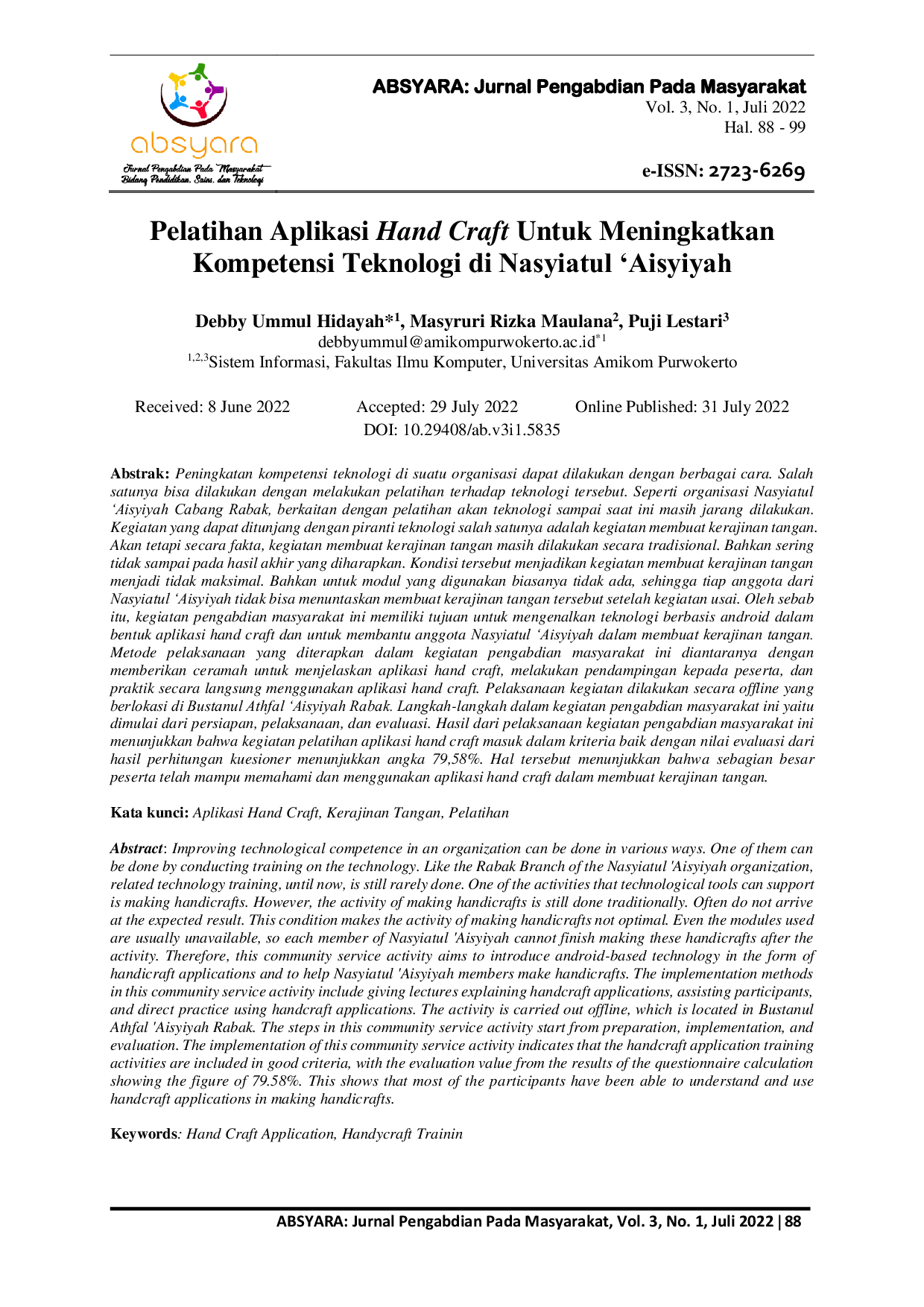 JURIS Pelatihan Aplikasi Hand Craft Untuk Meningkatkan Kompetensi Teknologi Di Nasyiatul Aisyiyah