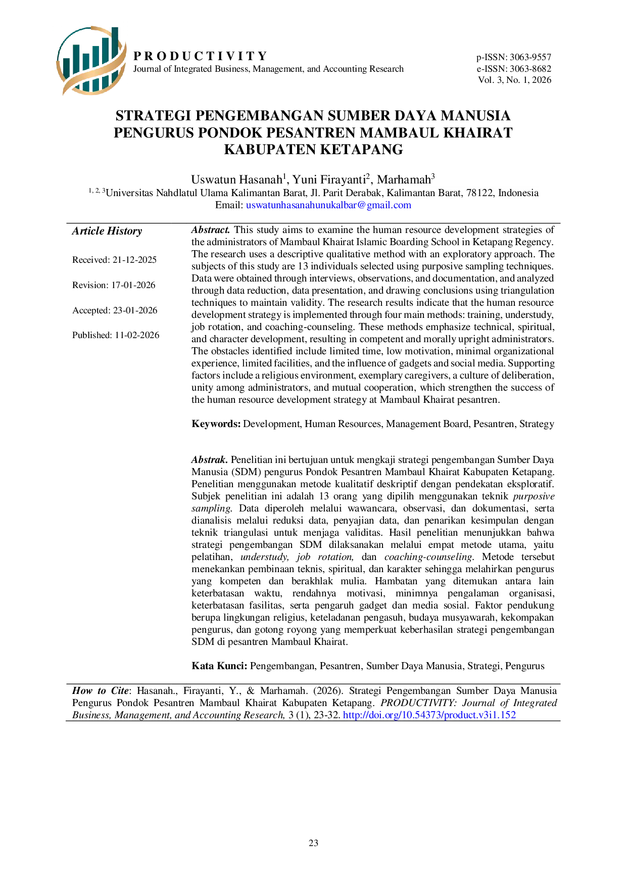 JURIS Strategi Pengembangan Sumber Daya Manusia Pengurus Pondok Pesantren Mambaul Khairat Kabupaten Ketapang