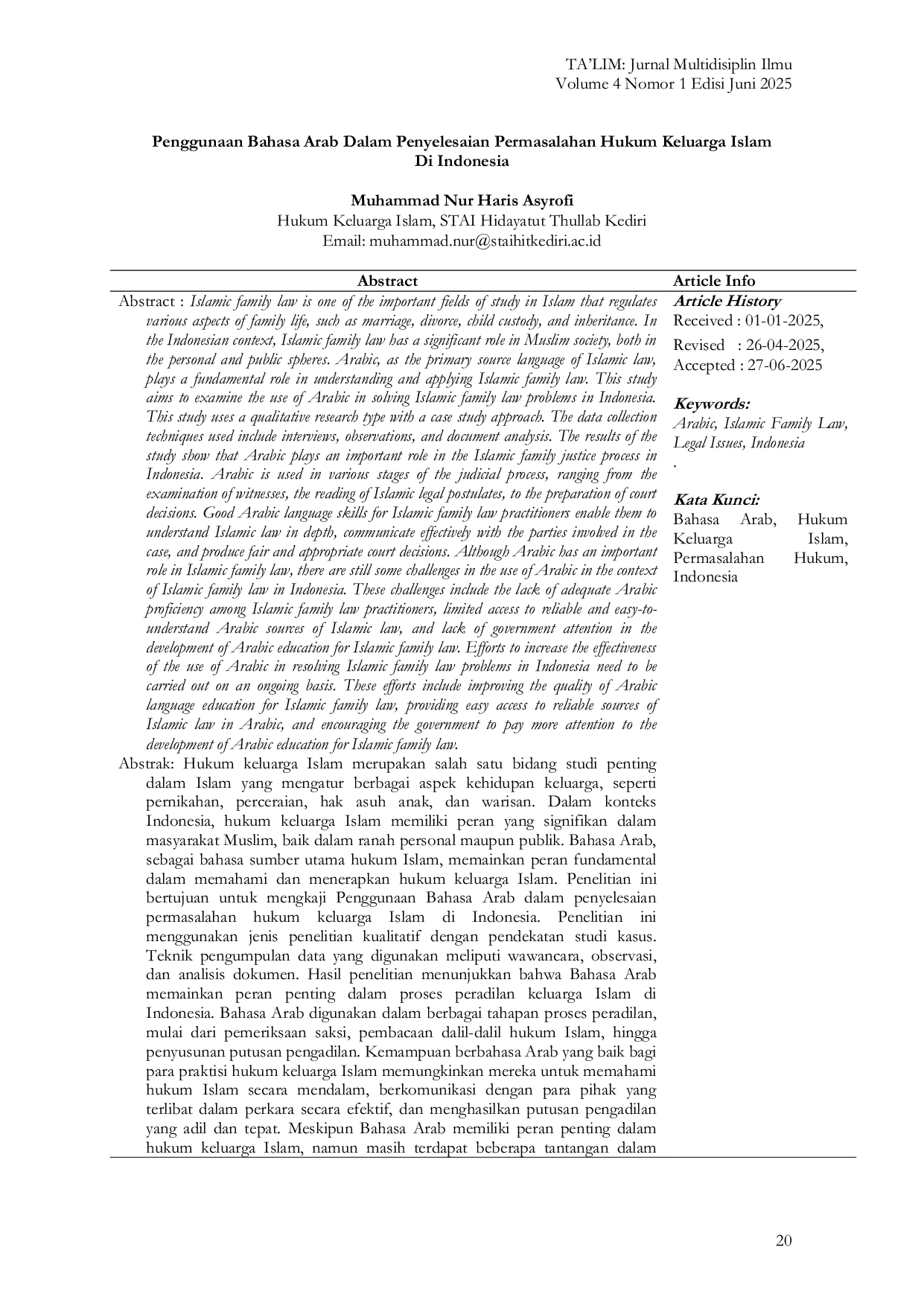 JURIS Penggunaan Bahasa Arab Dalam Penyelesaian Permasalahan Hukum Keluarga Islam Di Indonesia