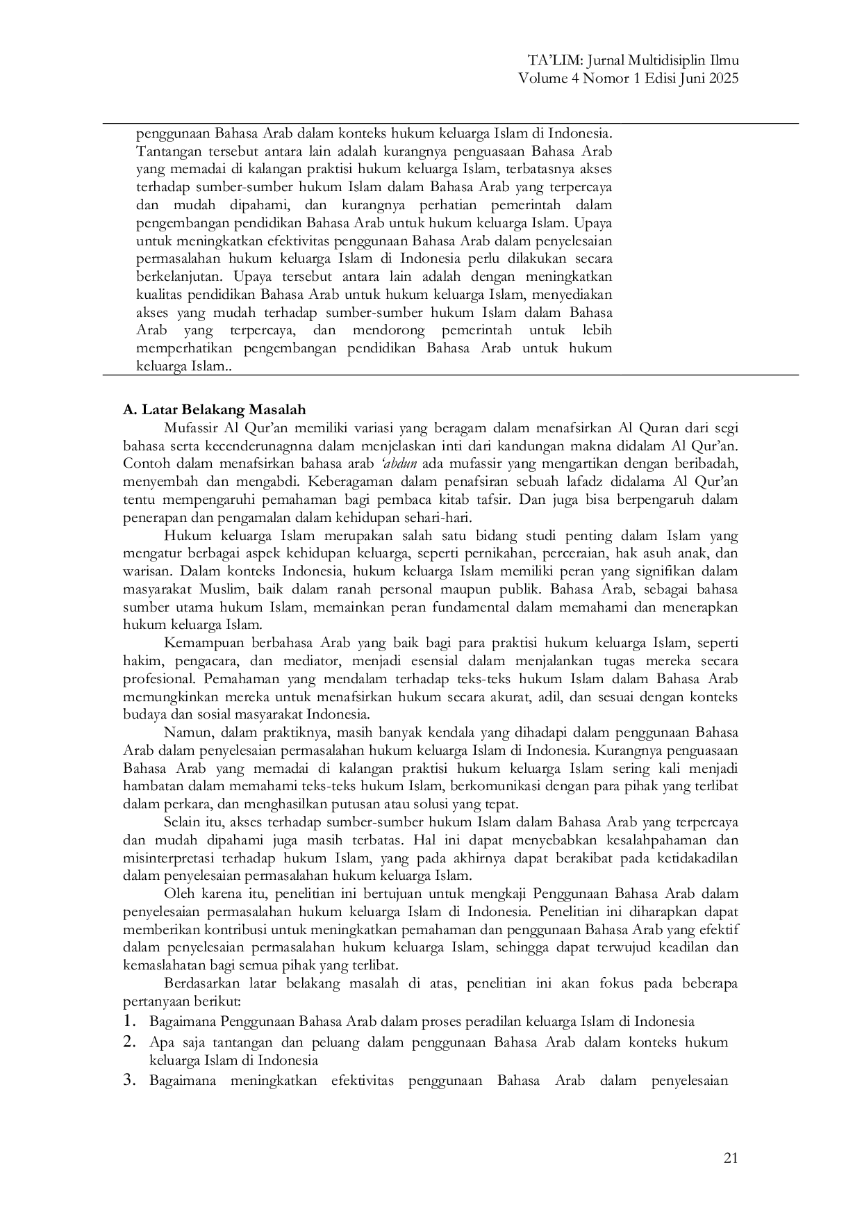 JURIS Penggunaan Bahasa Arab Dalam Penyelesaian Permasalahan Hukum Keluarga Islam Di Indonesia
