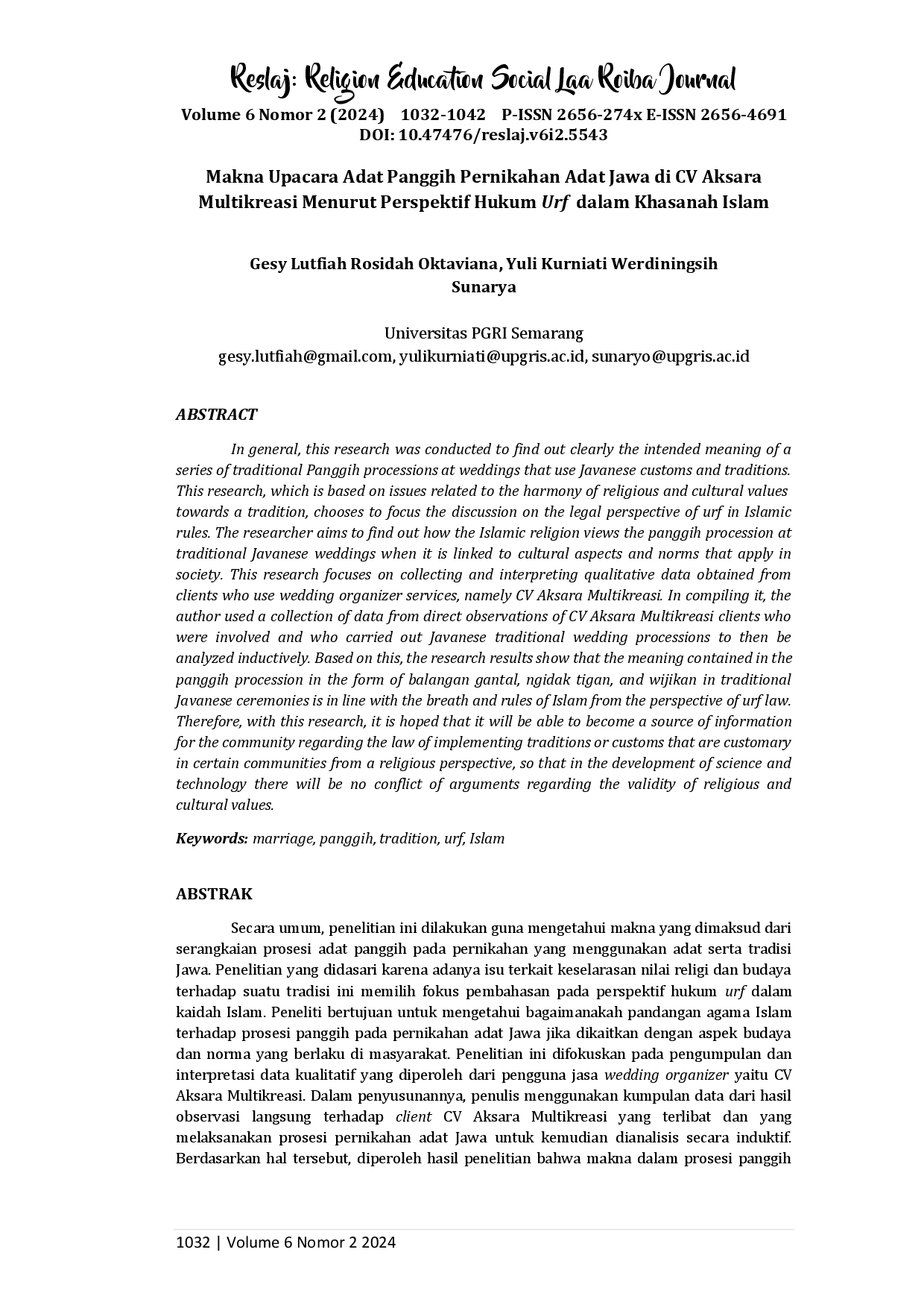 juris Makna Upacara Adat Panggih Pernikahan Adat Jawa di CV Aksara Multikreasi Menurut Perspektif Hukum Urf dalam Khasanah Islam