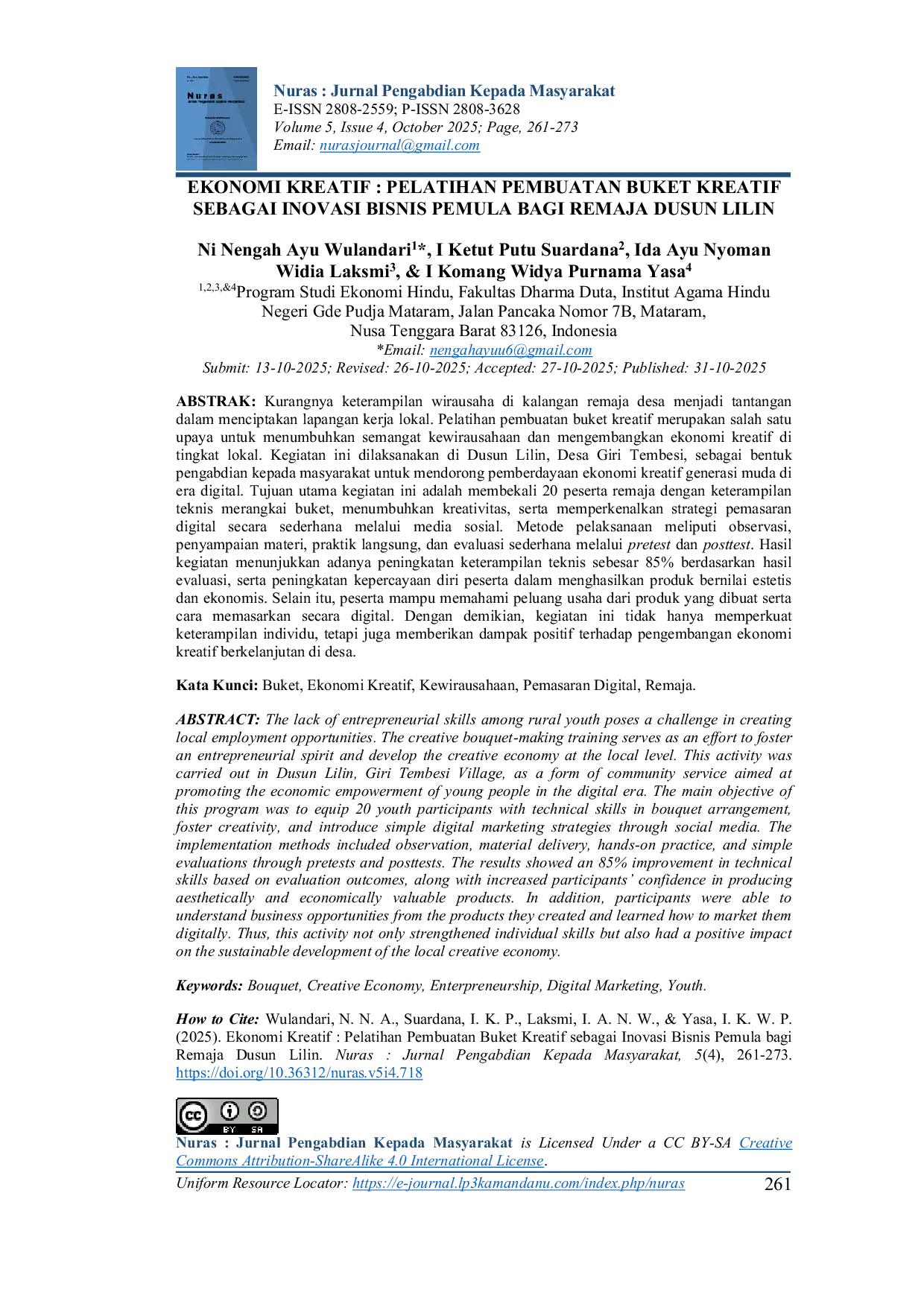 JURIS Ekonomi Kreatif Pelatihan Pembuatan Buket Kreatif sebagai Inovasi Bisnis Pemula bagi Remaja Dusun Lilin