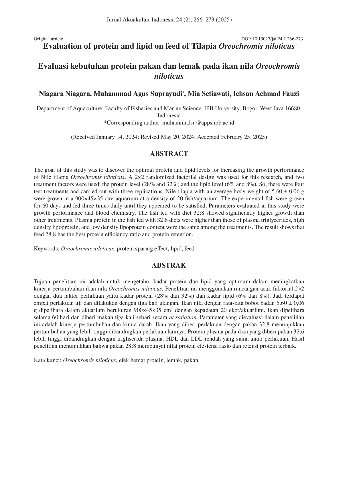 JURIS Evaluation of protein and lipid on feed of Tilapia Oreochromis niloticus